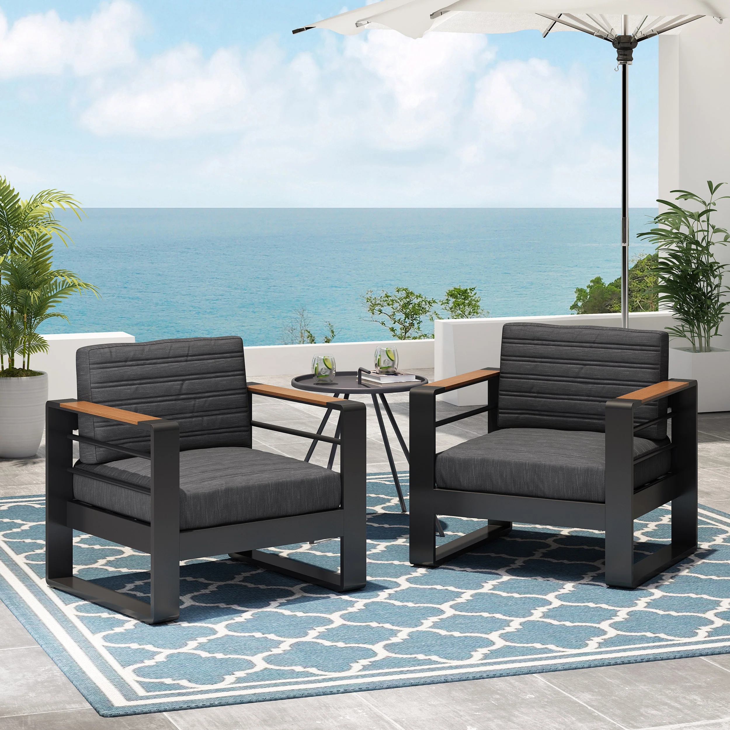 Swanton Outdoor Aluminum Club Chairs with Water Resistant Cushions, Set of 2, Dark Gray, Natural, and Black - furnishings