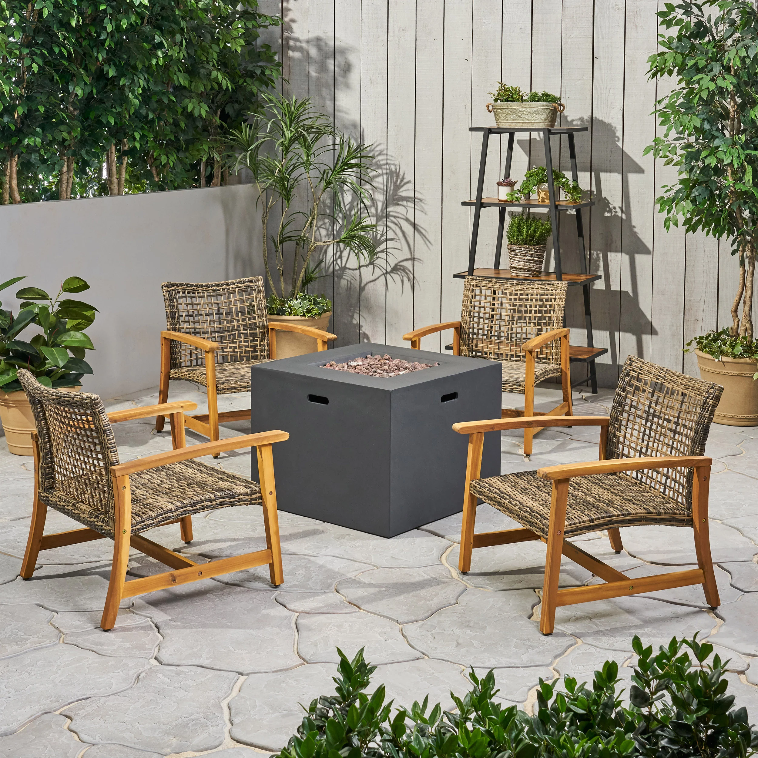 Tabby Outdoor 5 Piece Wood and Wicker Club Chairs and Fire Pit Set - furnishings