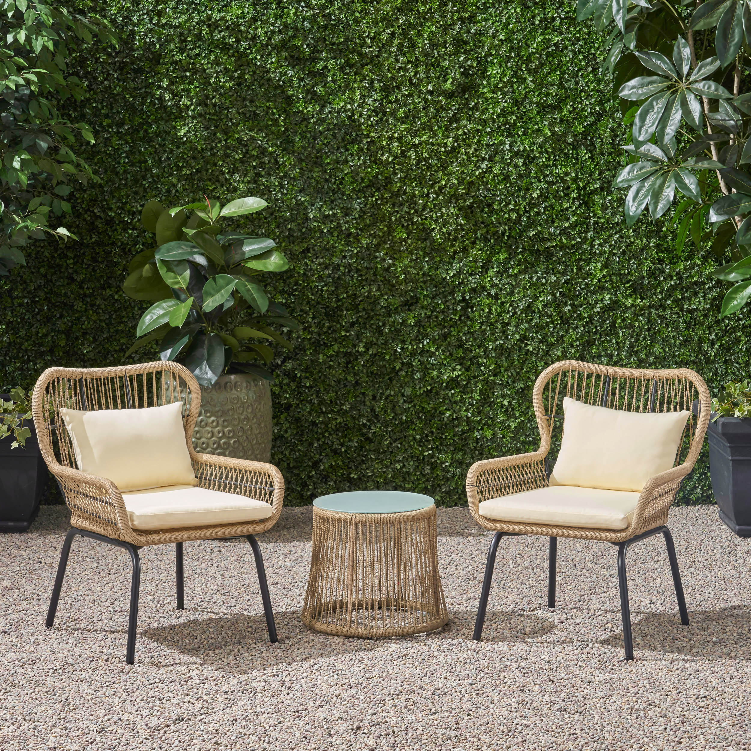 Karen Patio Conversation Set, 2-Seater with Accent Table, Iron and Rope with Water-Resistant Cushions - furnishings