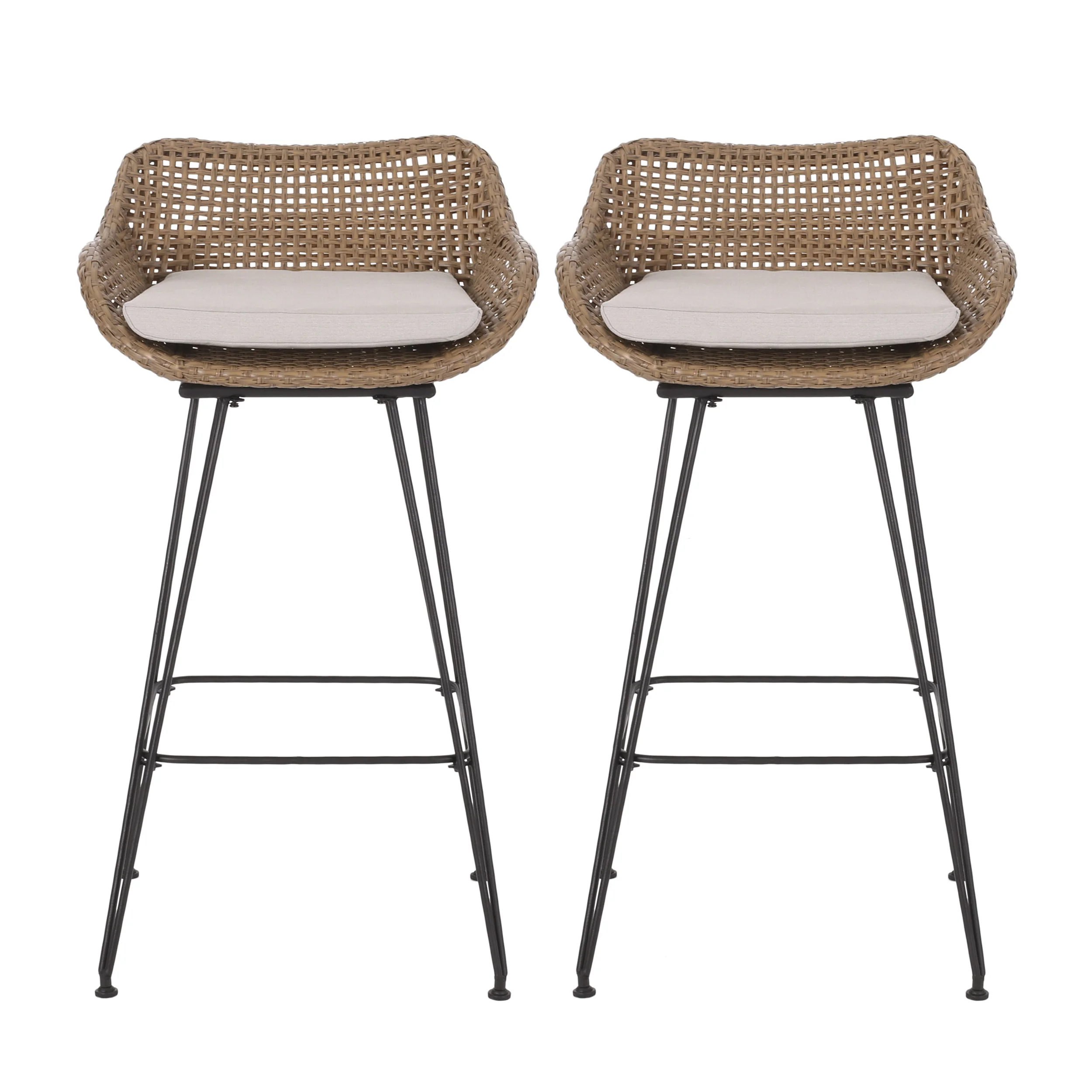 Pondway Outdoor Wicker and Iron Barstools with Cushion, Set of 2 - furnishings