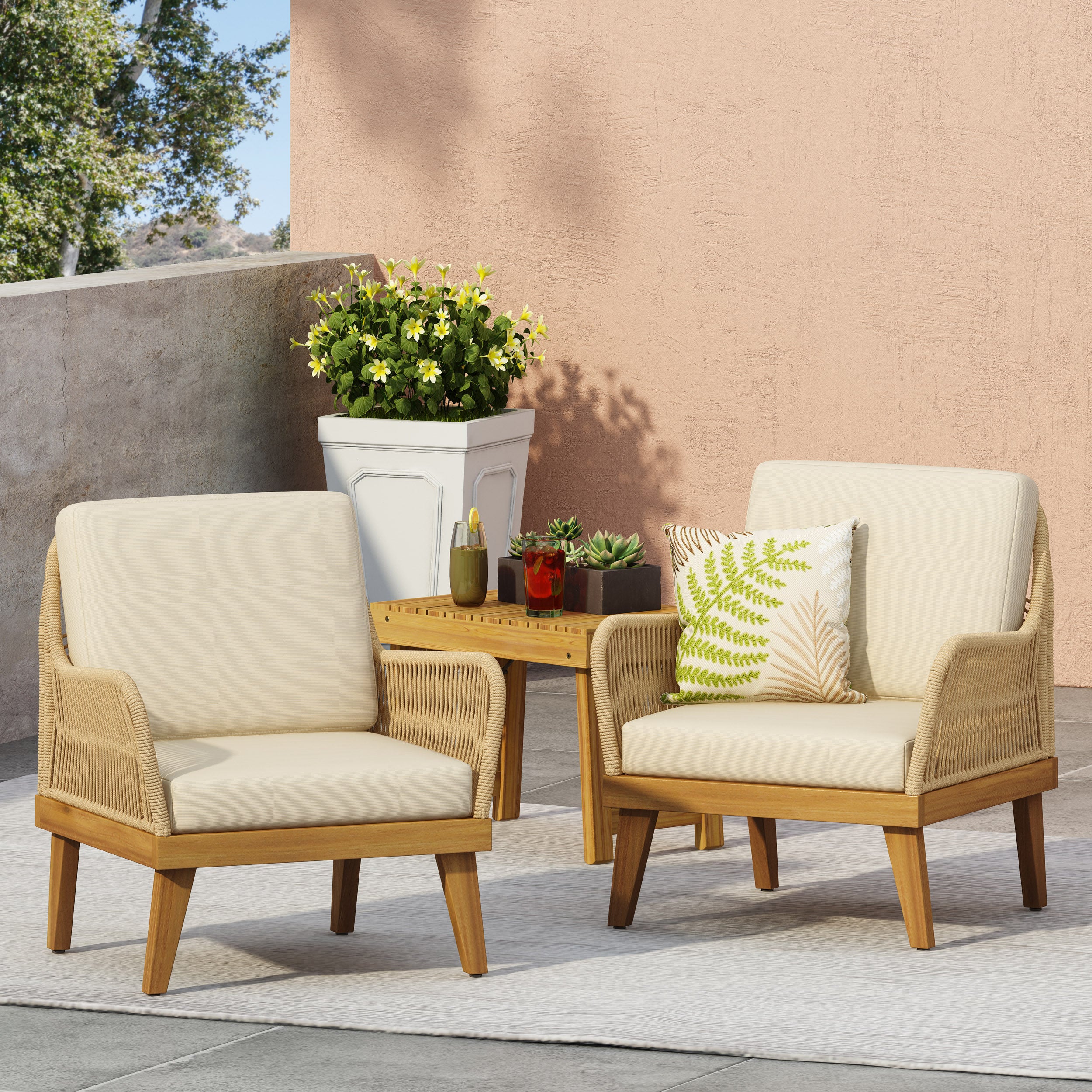 Hueber Outdoor Acacia Wood Club Chairs with Cushion, Set of 2, Teak, Light Brown, and Beige - furnishings