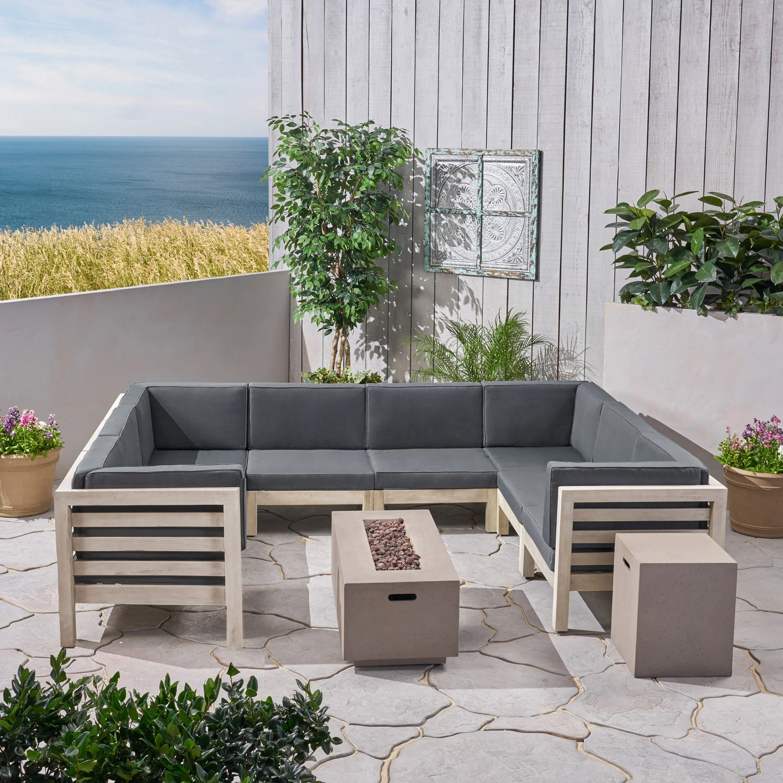 Ravello Outdoor U-Shaped Sectional Sofa Set with Fire Pit - furnishings