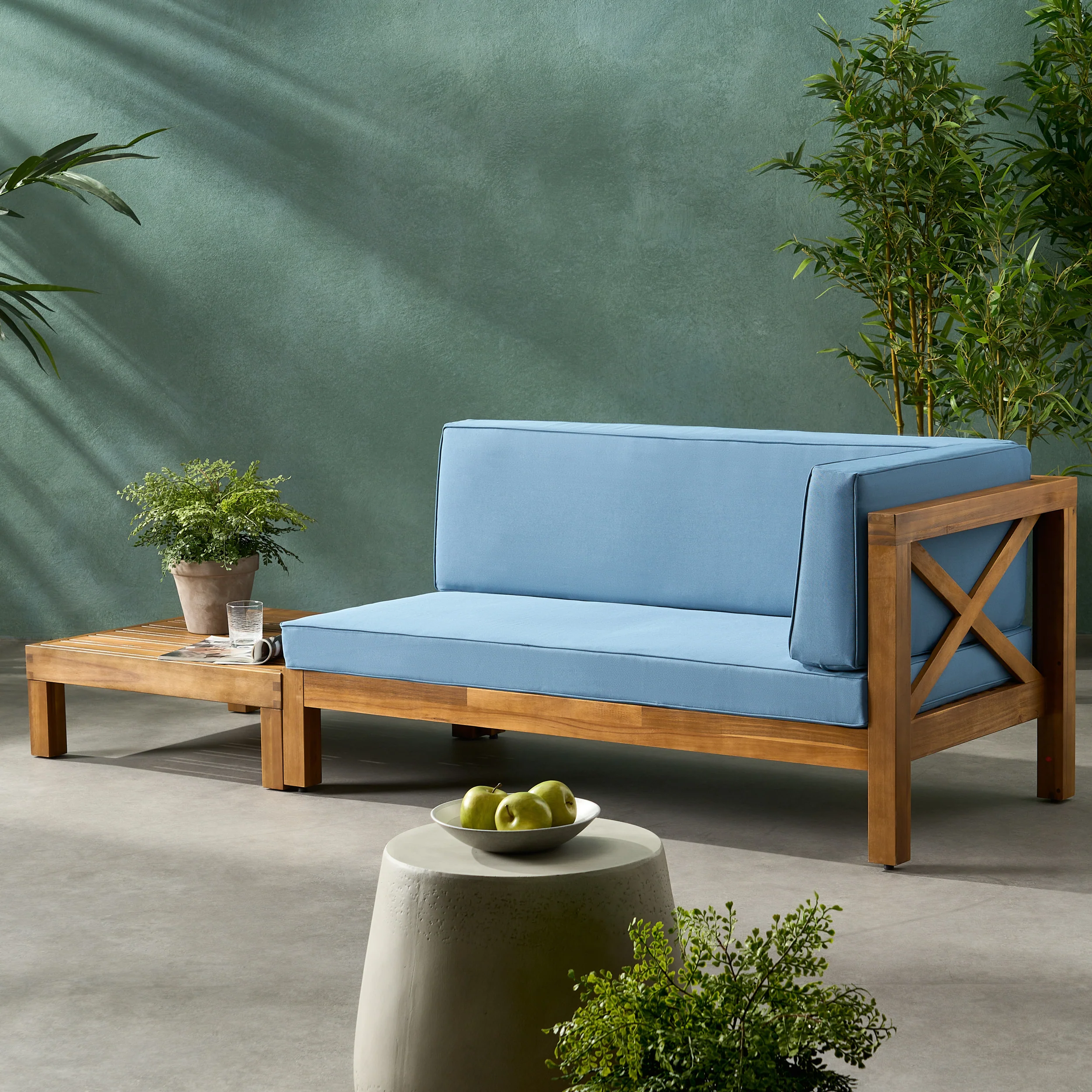 Keith Outdoor Acacia Wood Right Arm Loveseat and Coffee Table Set with Cushion - furnishings