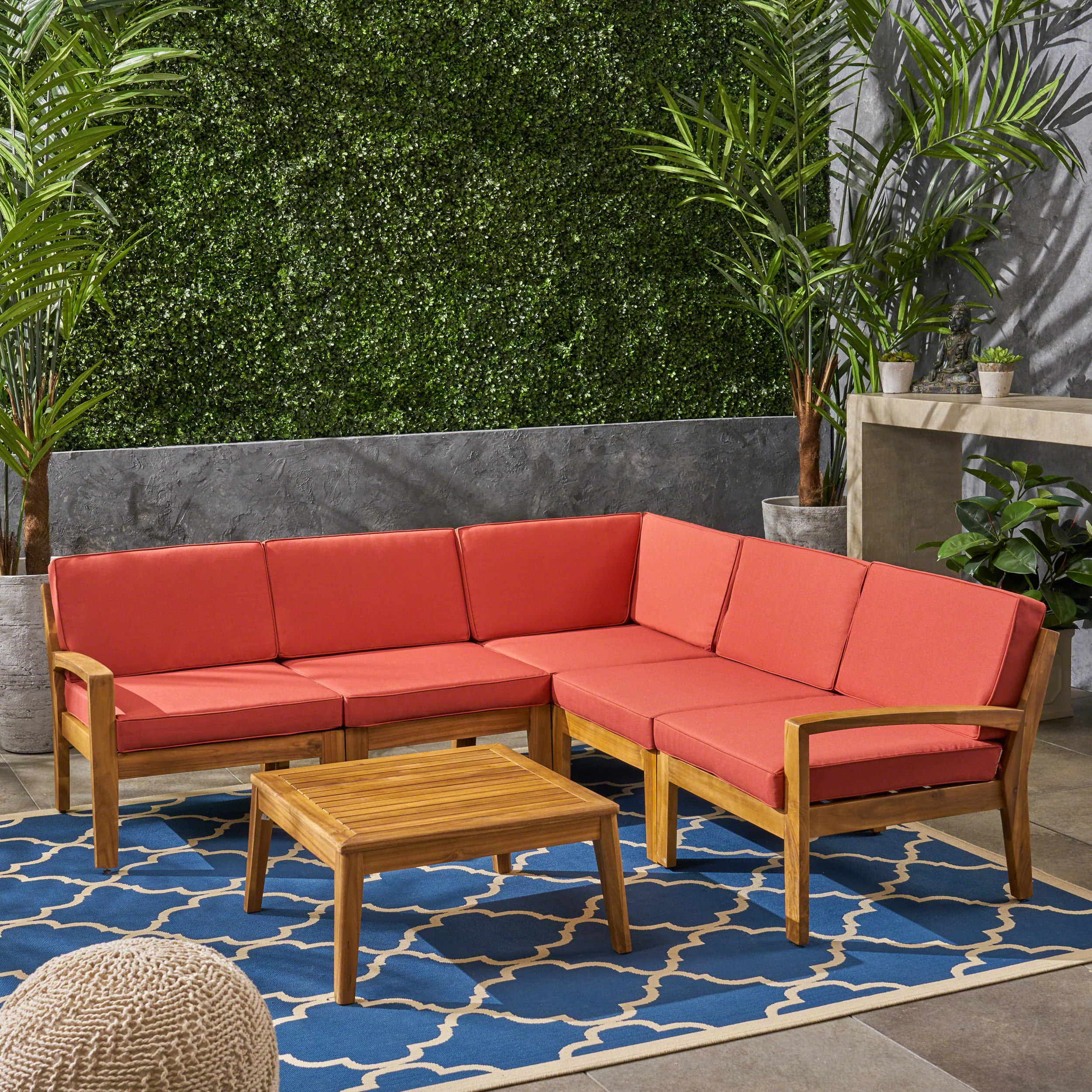 Roy Outdoor Acacia Wood 5 Seater Sectional Sofa Set with Coffee Table - furnishings
