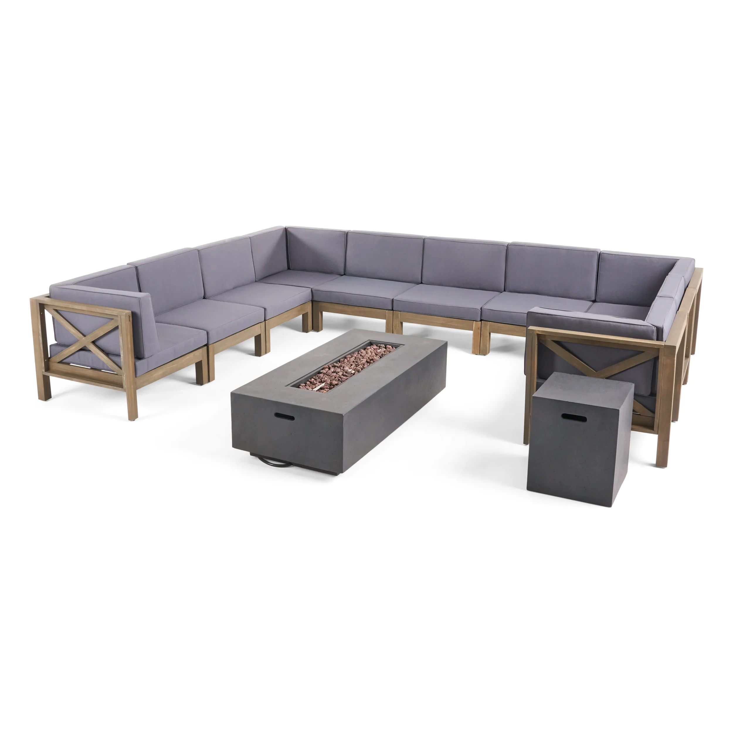 Cynthia Outdoor Acacia Wood 10 Pieces U-Shaped Sectional Sofa Set with Fire Pit - furnishings
