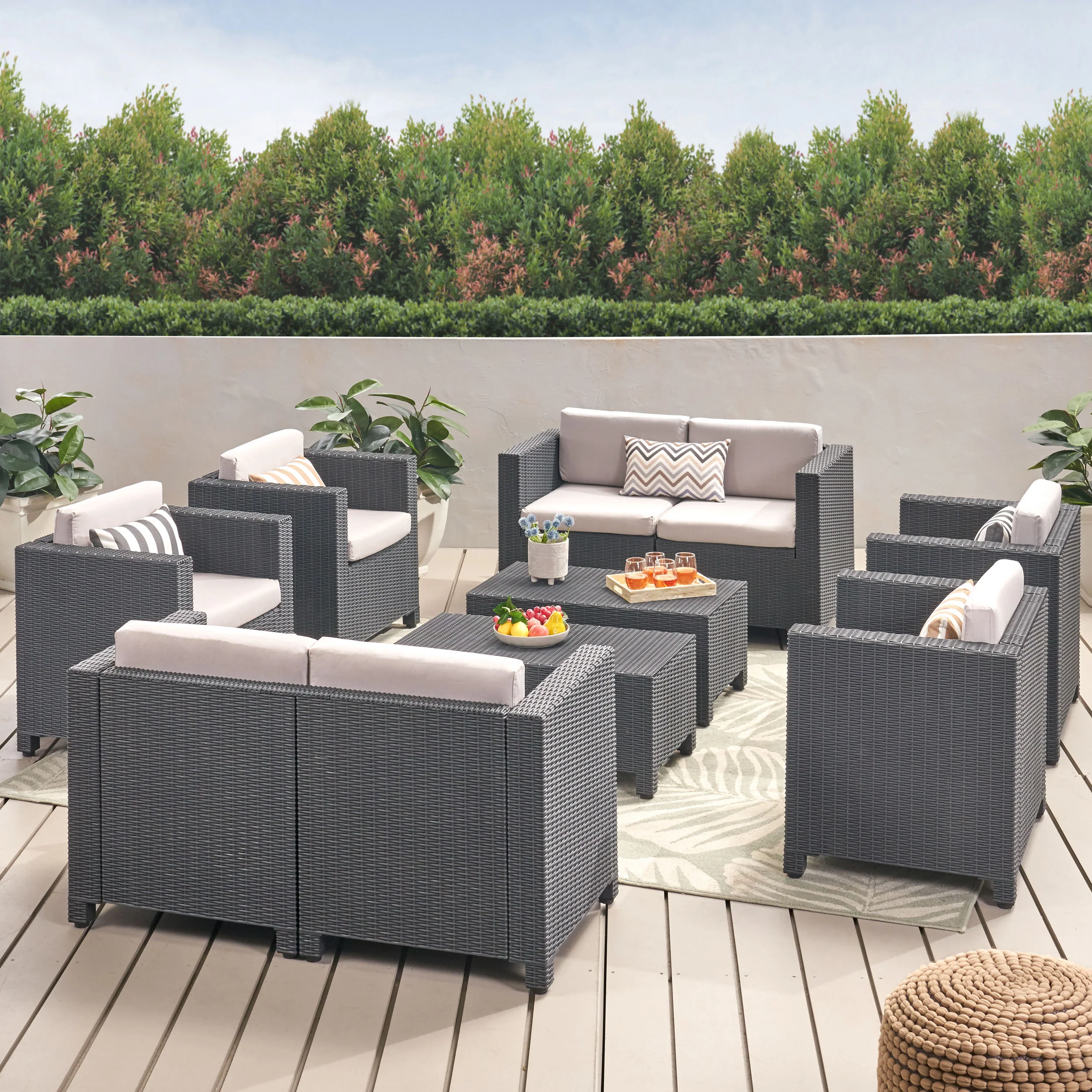 Farirra Outdoor Faux Wicker 8 Seater Chat Set with Cushions - furnishings