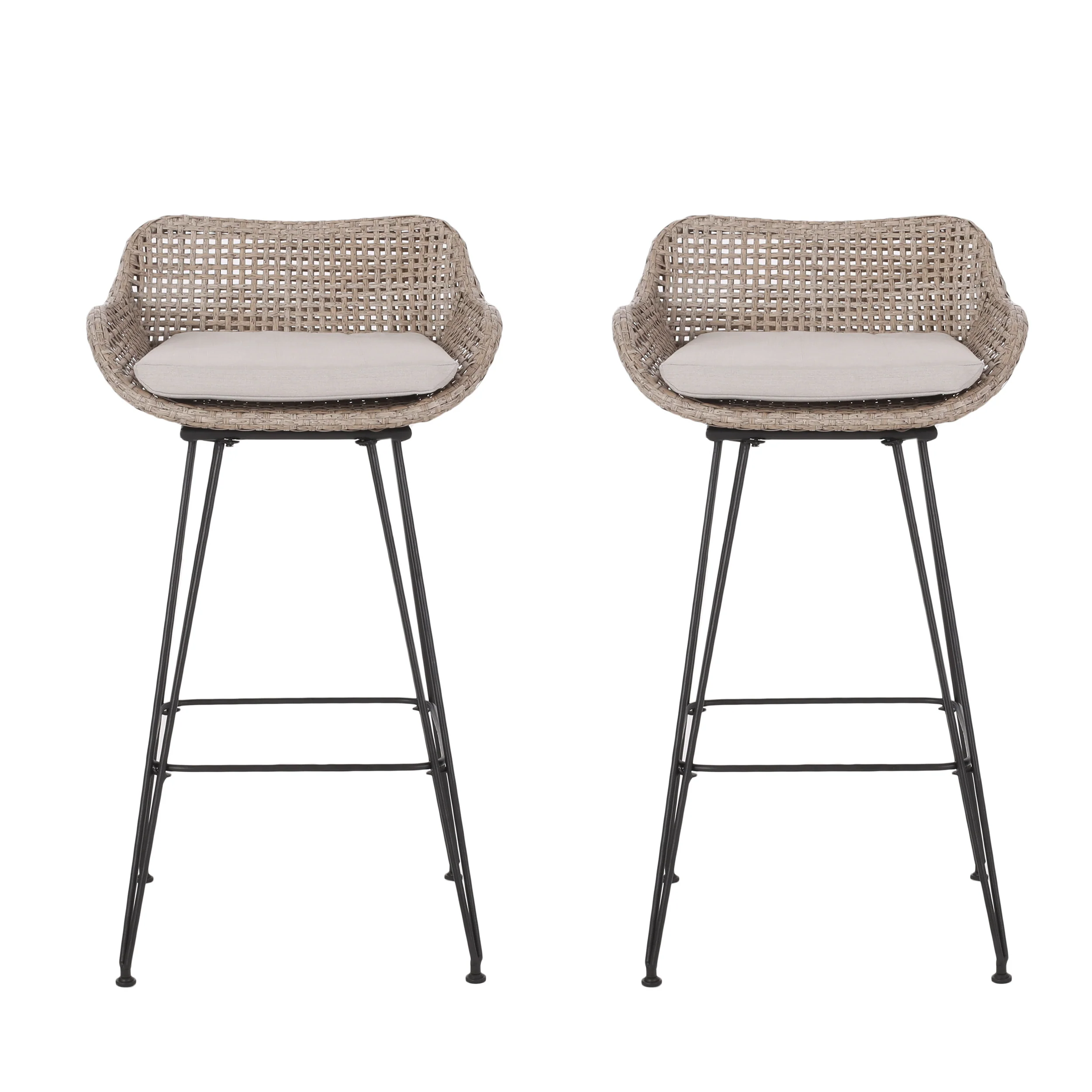 Pondway Outdoor Wicker and Iron Barstools with Cushion, Set of 2 - furnishings