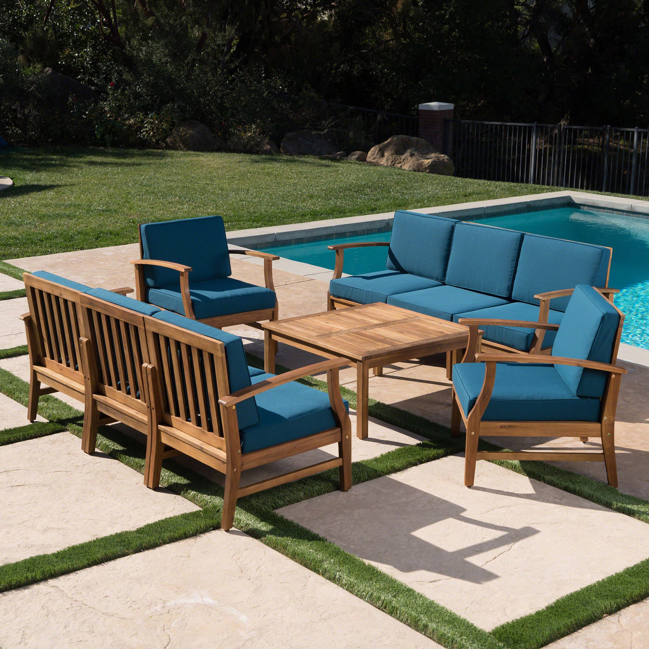 Scarlett Outdoor 8 Seat Teak Finished Acacia Wood Sofa and Table Set - furnishings