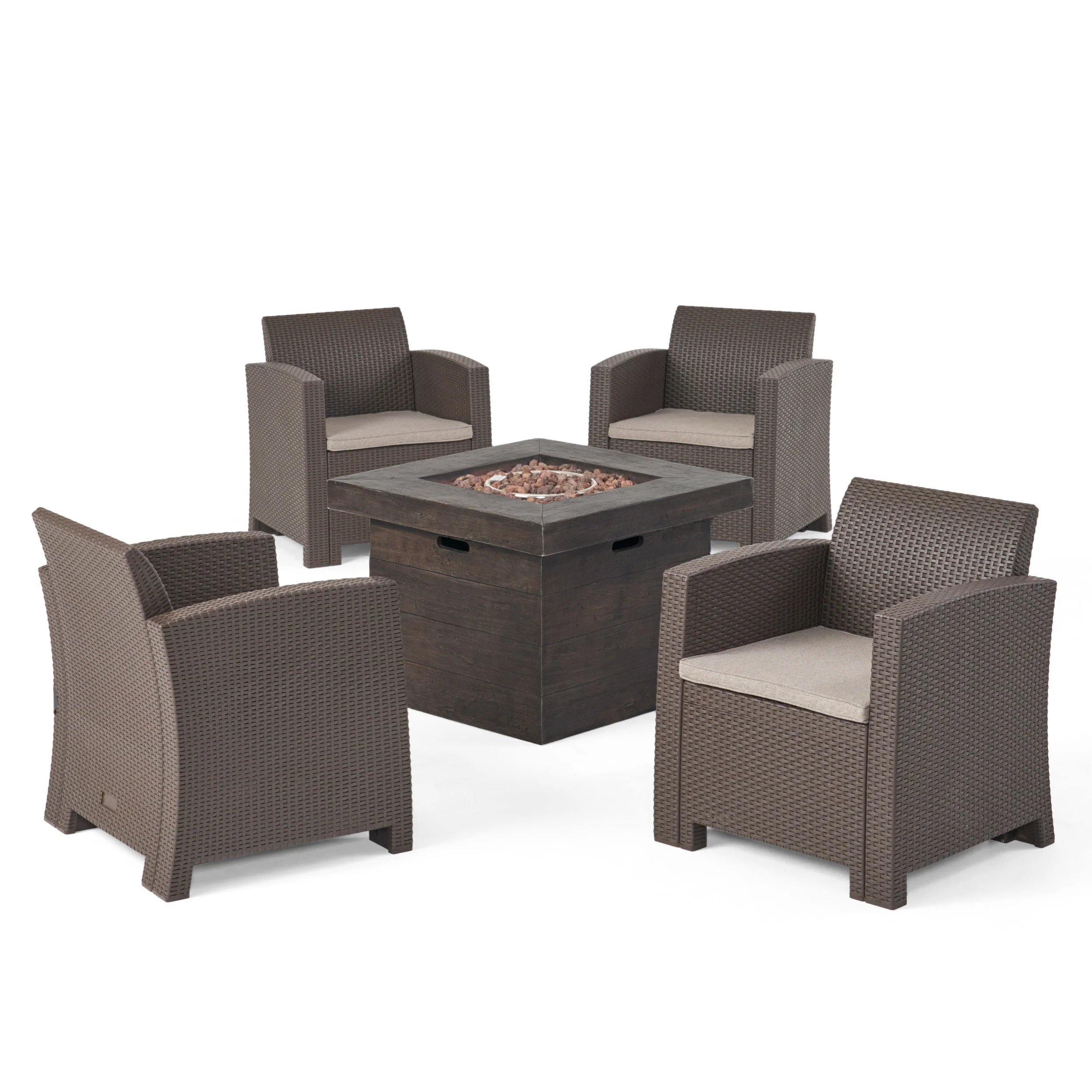 Ollie Outdoor 4-Seater Wicker Print Club Chat Chair Set with Fire Pit - furnishings