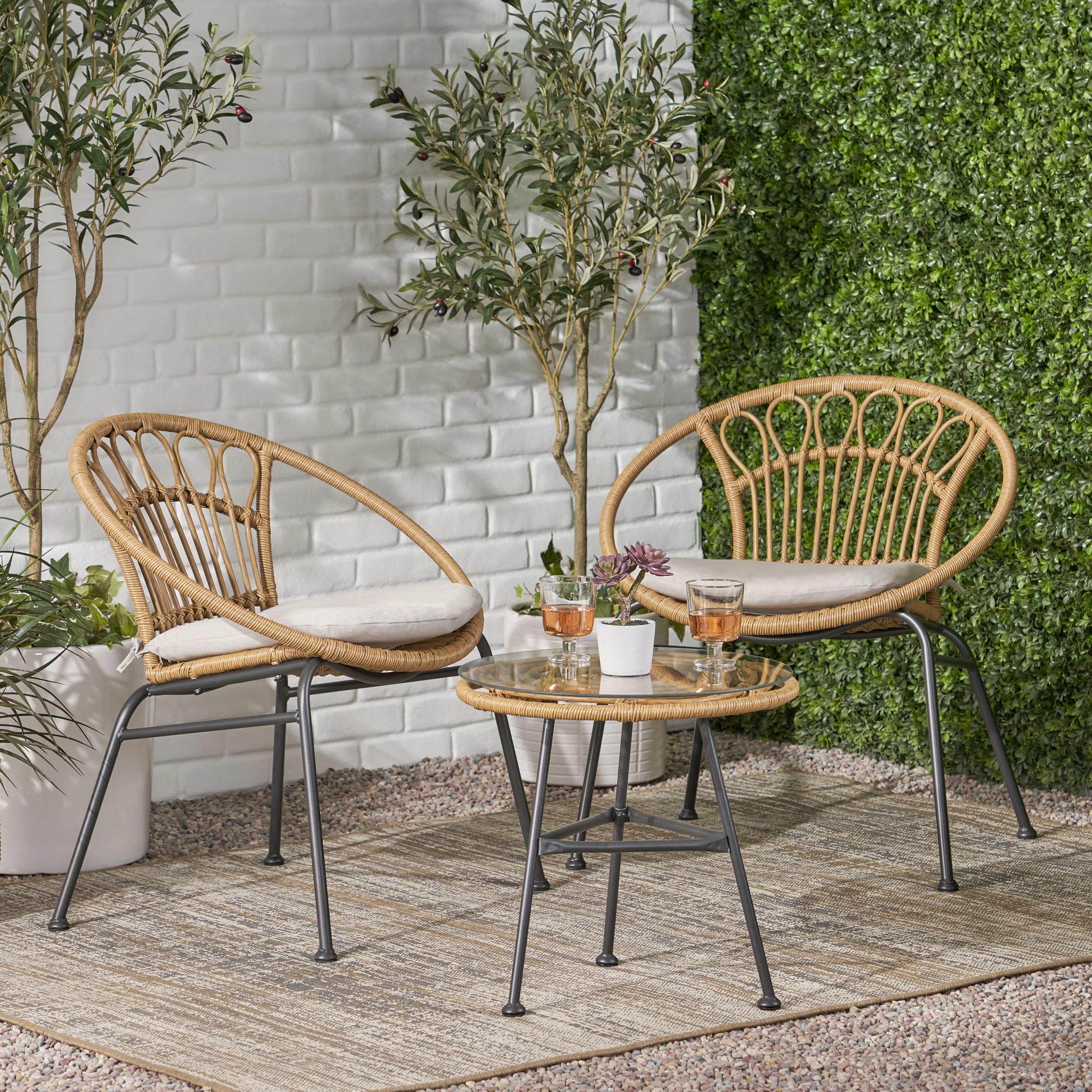 Kiante Outdoor 3 Piece Wicker Chat Set - furnishings