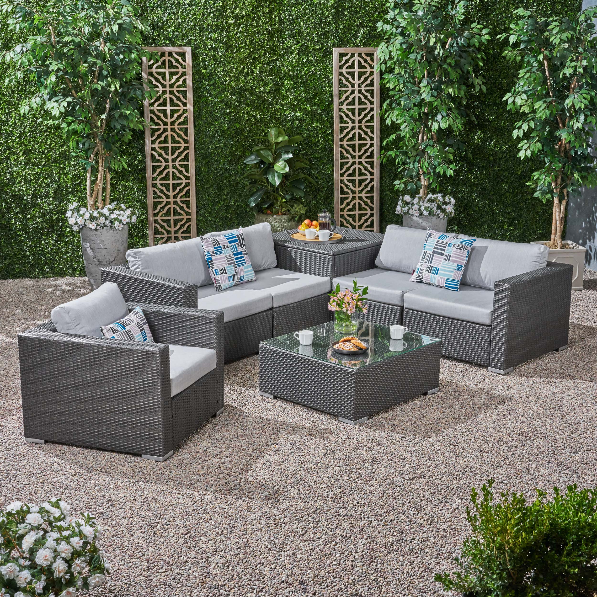 Kyra Outdoor 5 Seater Wicker Sectional Sofa Set with Storage Ottoman and Sunbrella Cushions - furnishings