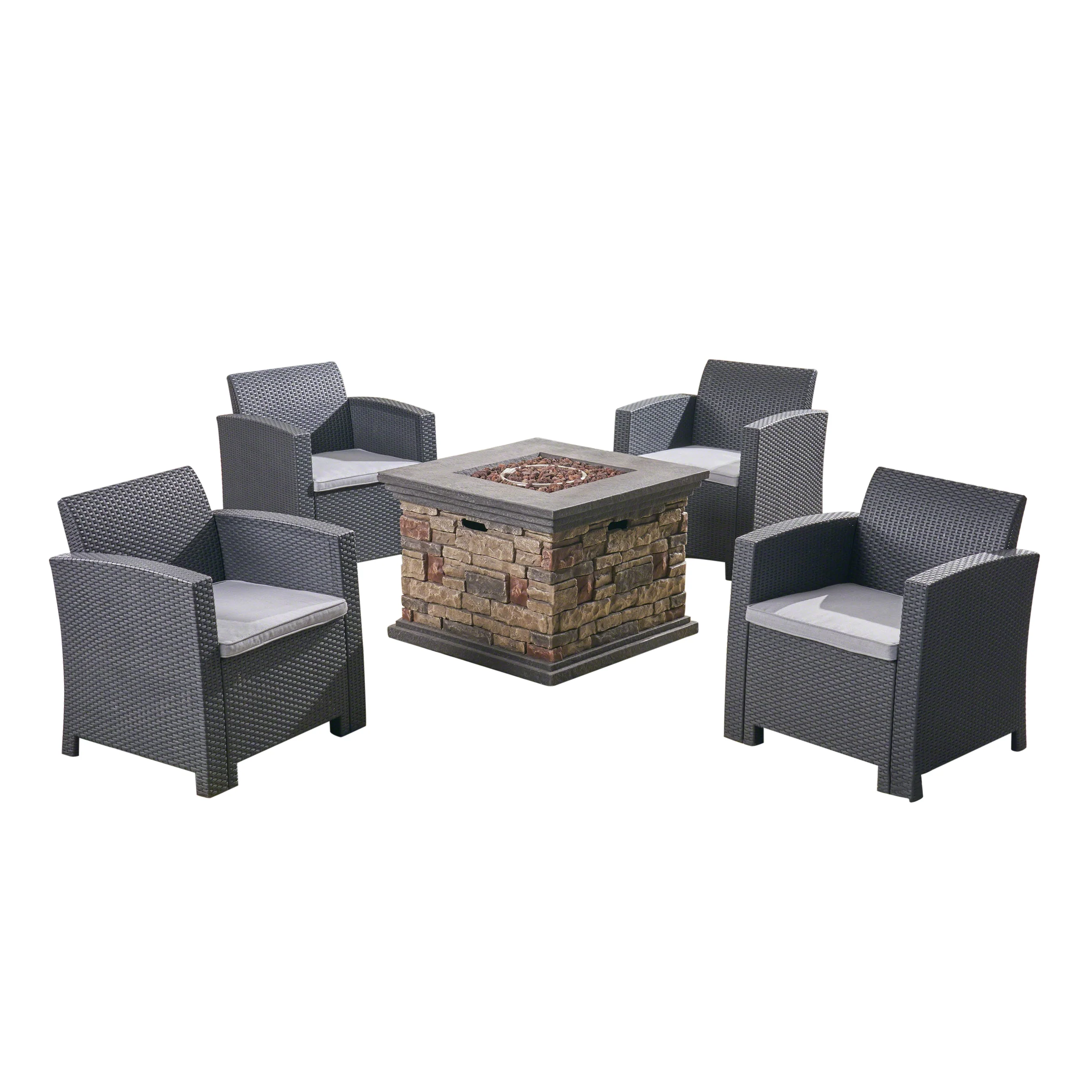 Casey Outdoor 4-Seater Wicker Print Club Chair Chat Set with Fire Pit - furnishings