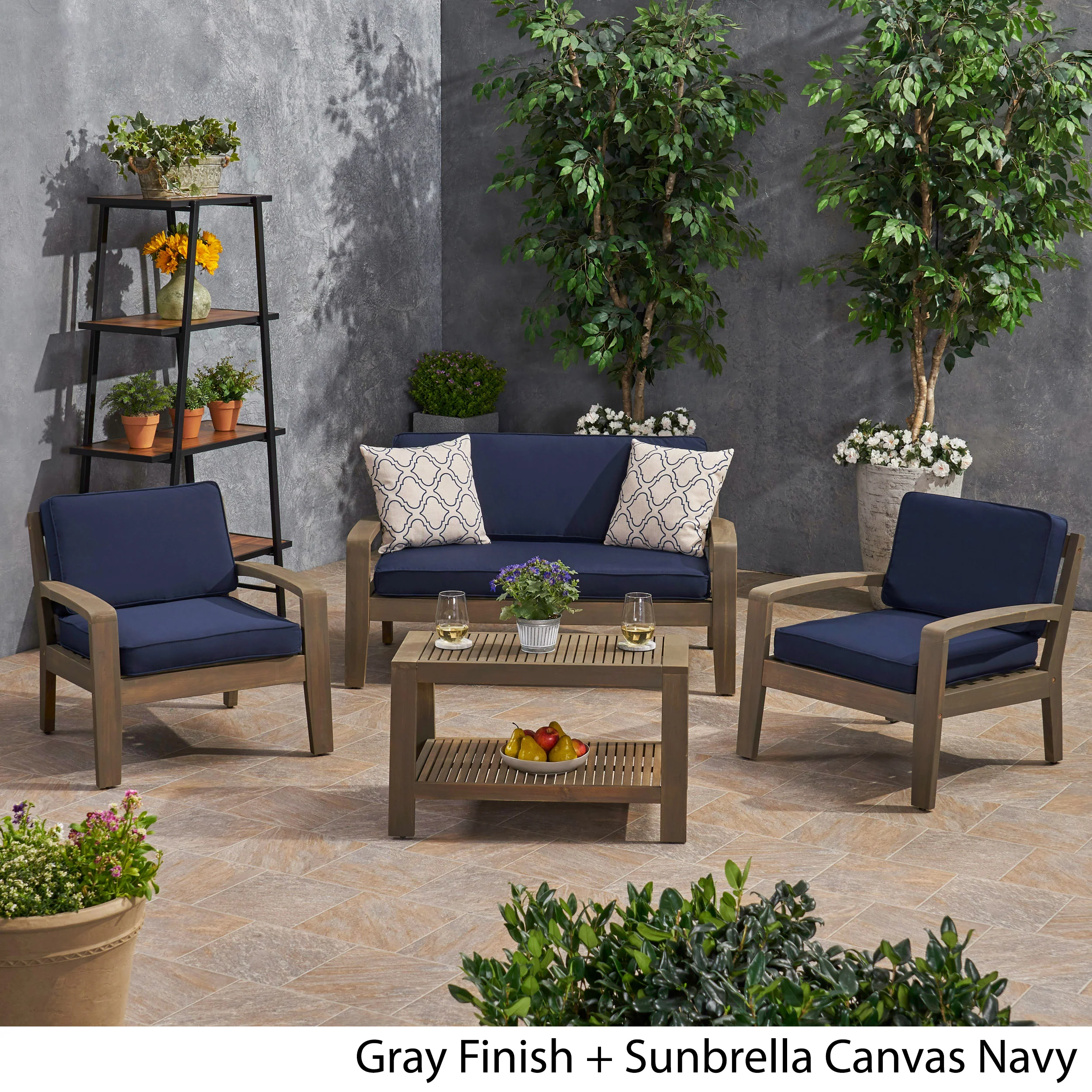 Parma Patio Acacia Wood 4-Seater Conversation Set with Coffee Table and Sunbrella Cushions - furnishings