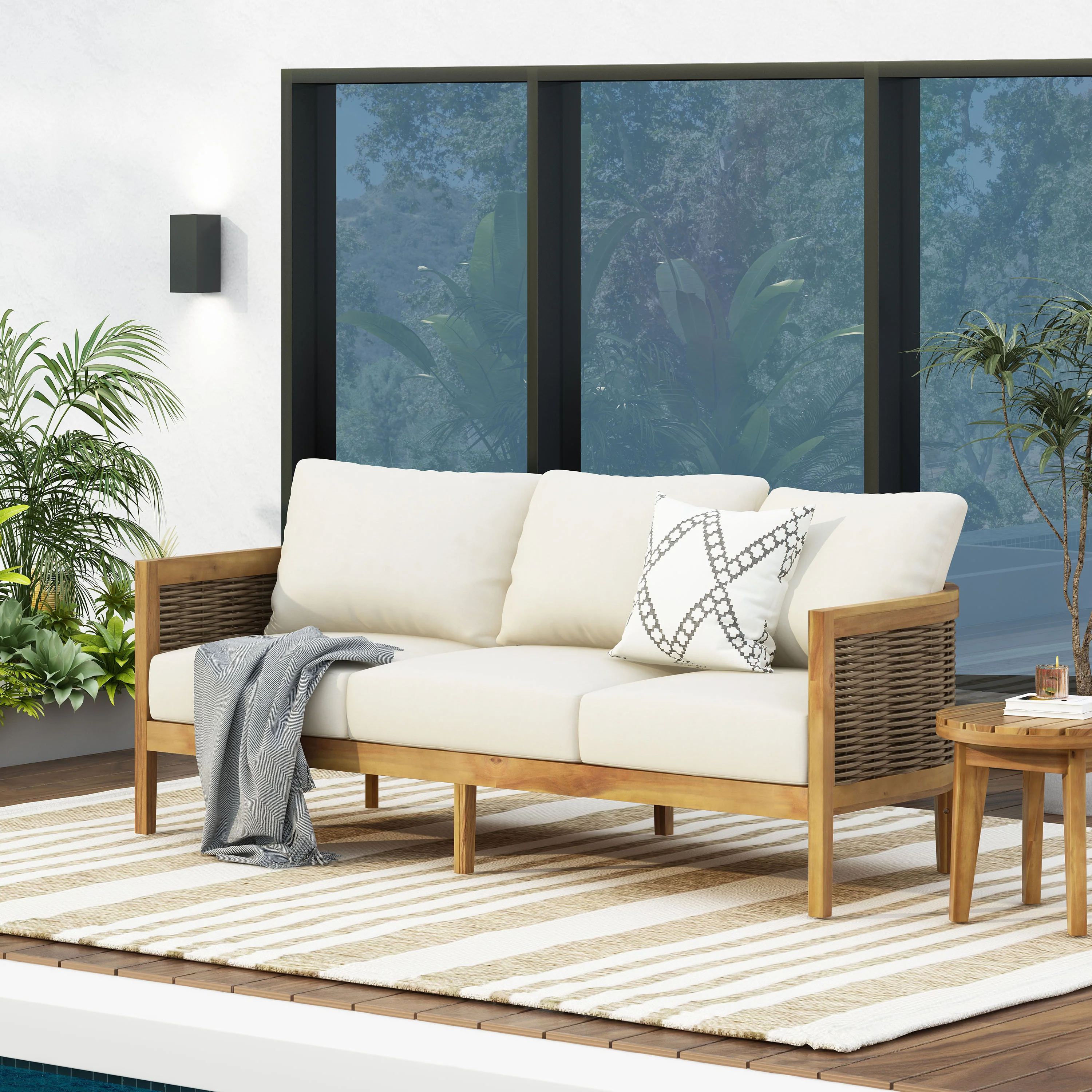 The Crowne Collection Outdoor Acacia Wood and Round Wicker 3 Seater Sofa with Cushions, Teak, Mixed Brown, and Beige - furnishings