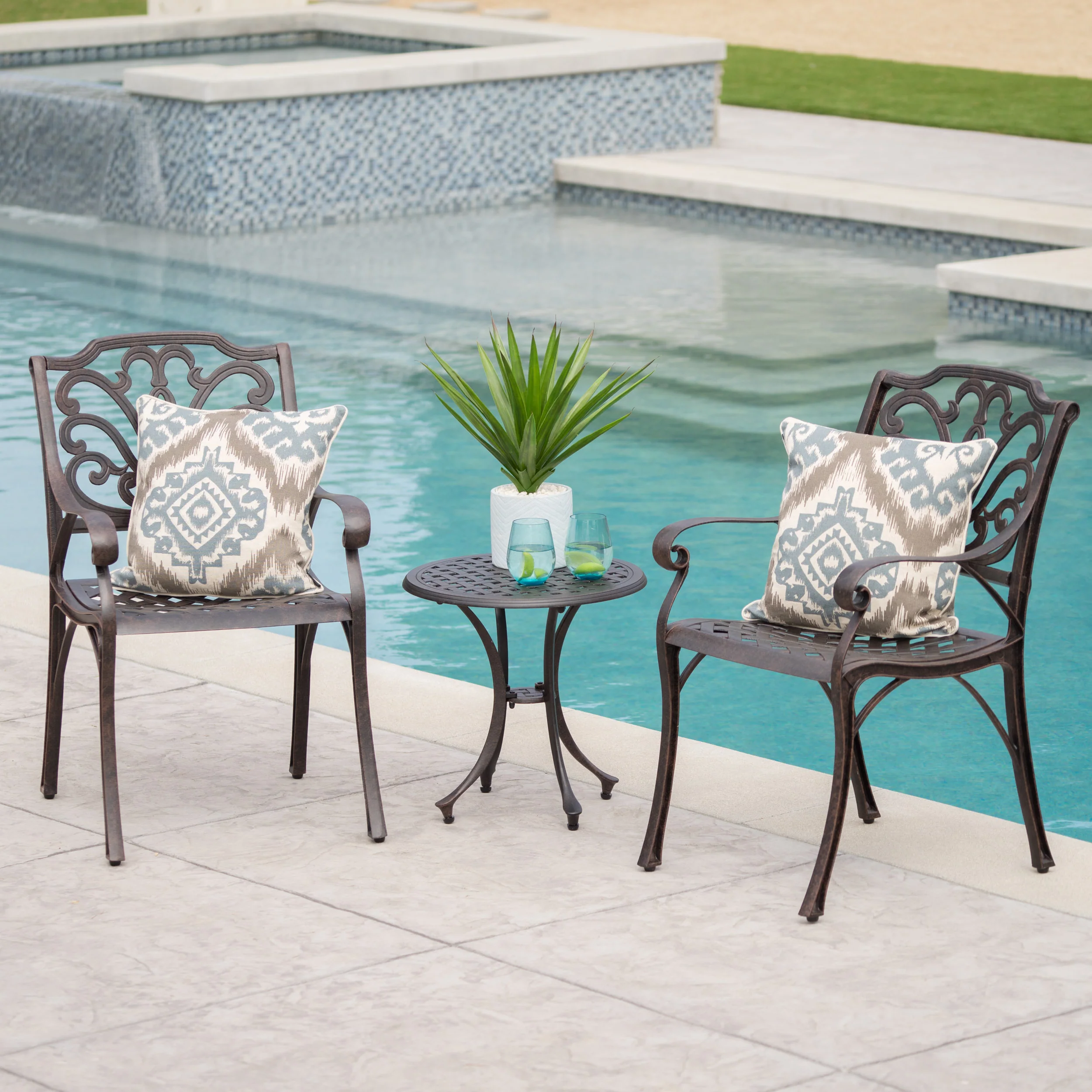 Louis Outdoor 3 Piece Bronze Finished Cast Aluminum Chat Set - furnishings