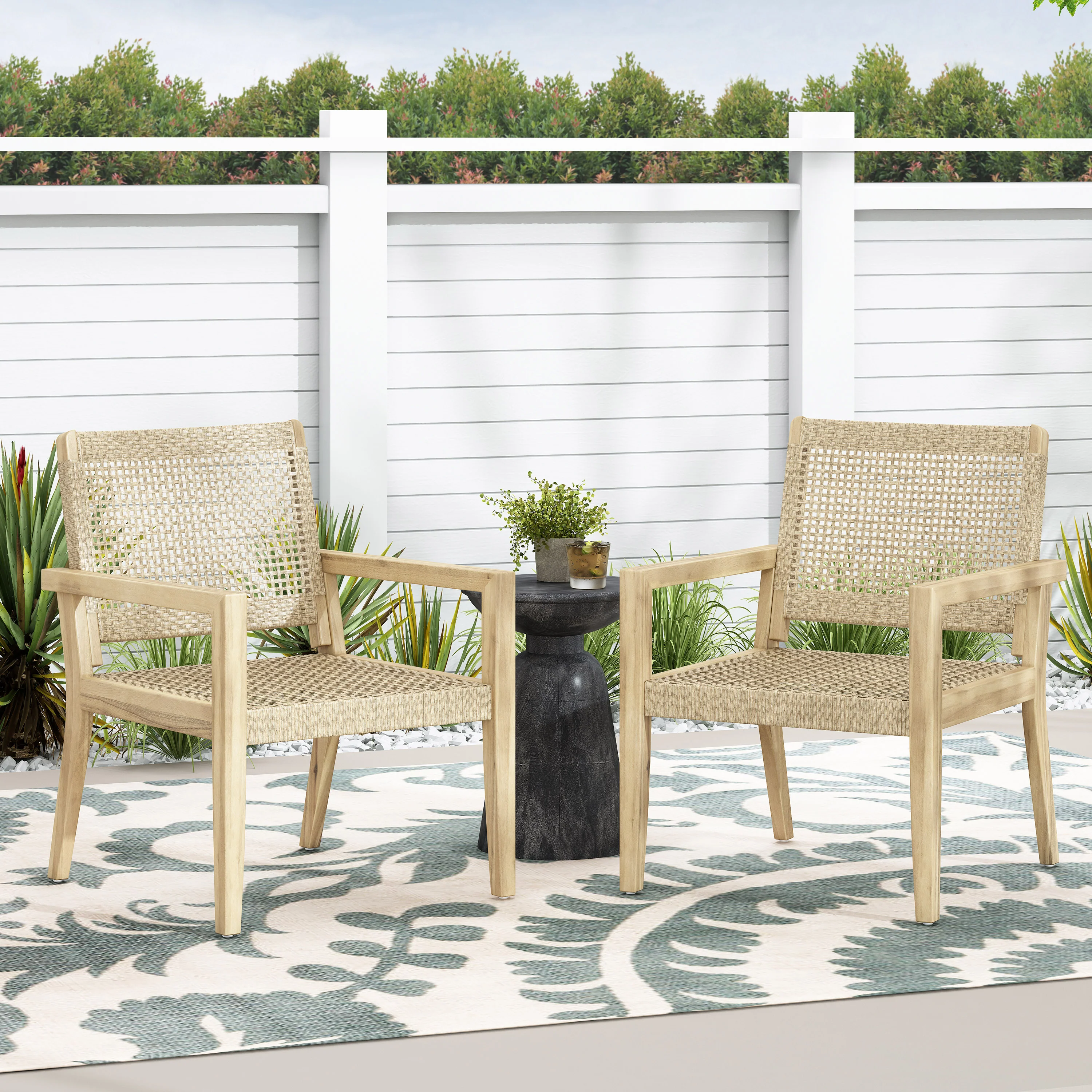 Elmcrest Outdoor Wicker and Acacia Wood Club Chairs, Set of 2, Light Multibrown and Light Brown - furnishings