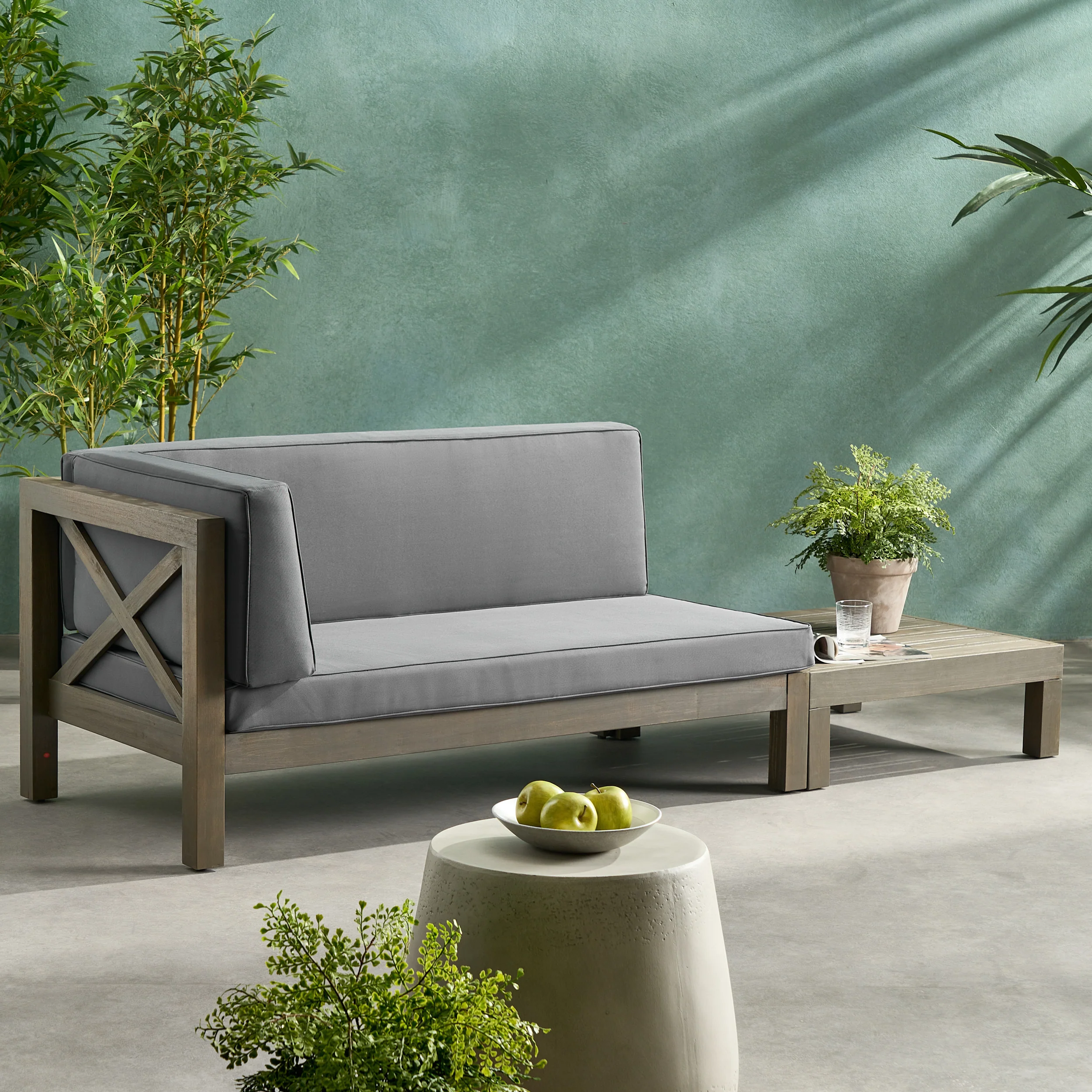 Keith Outdoor Acacia Wood Left Arm Loveseat and Coffee Table Set with Cushion - furnishings