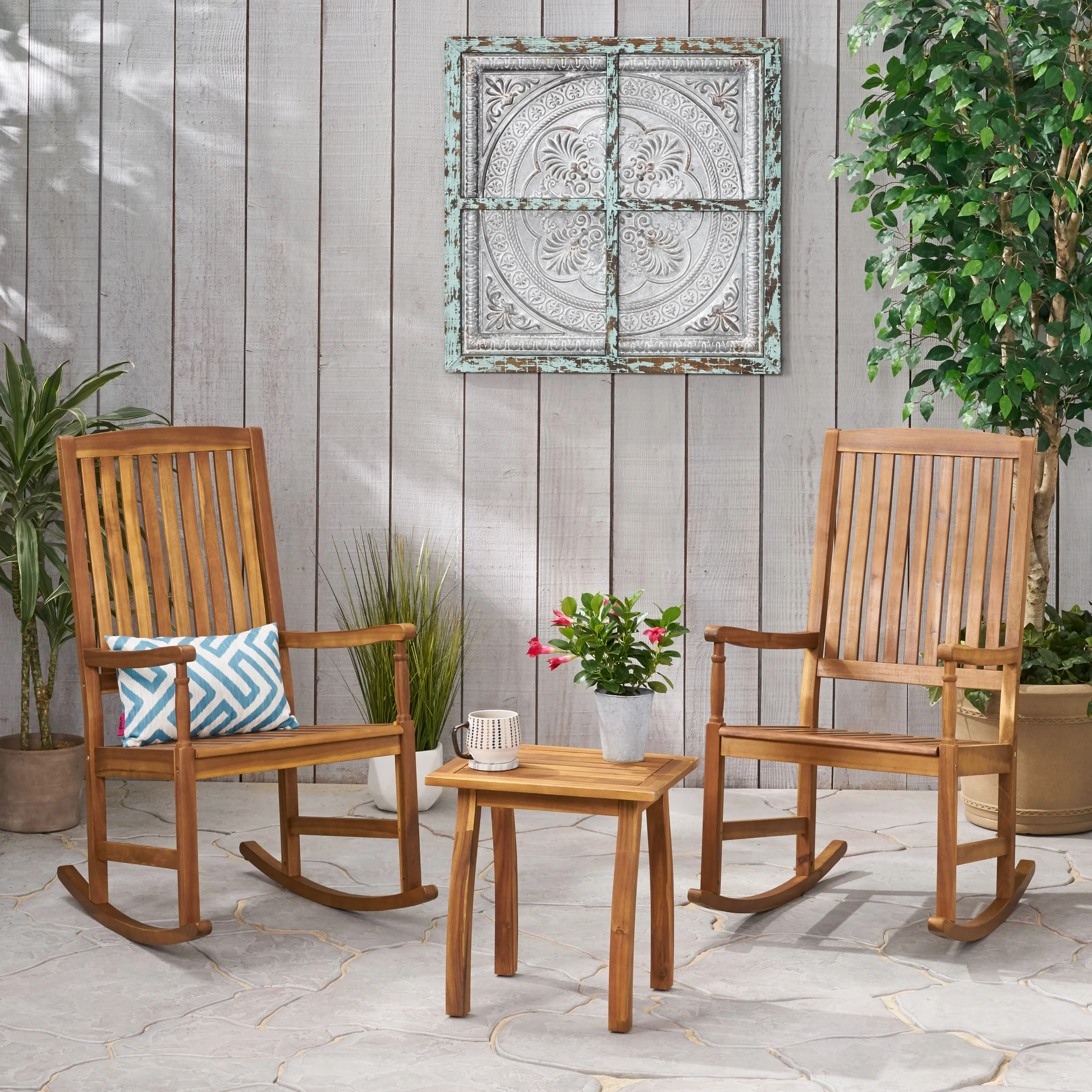 Verna Outdoor 2 Seater Acacia Wood Rocking Chairs and Side Table Set - furnishings