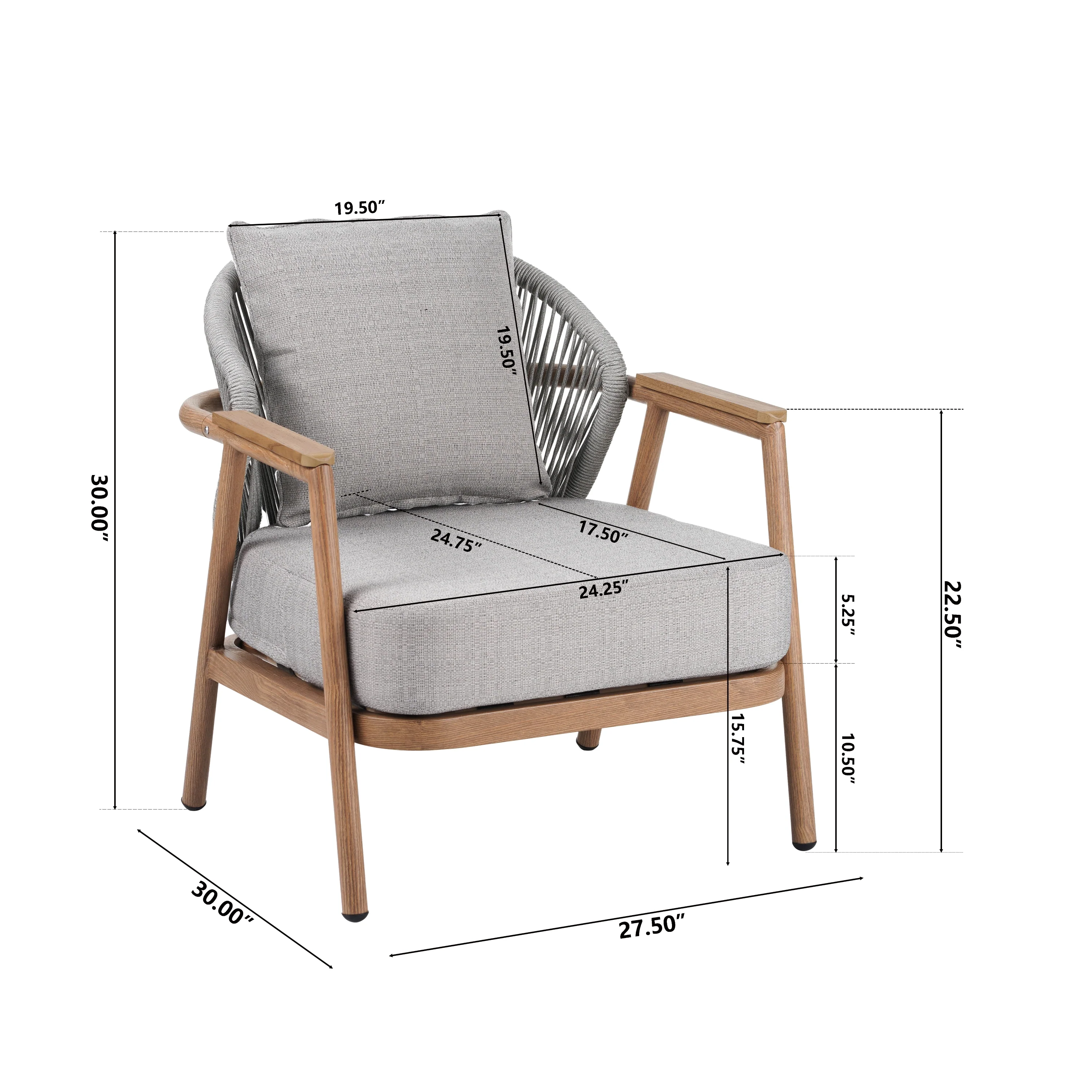 Willowe Taupe + Teak Rope Weave Upholstered Outdoor Patio Club Chair with Pillow - furnishings