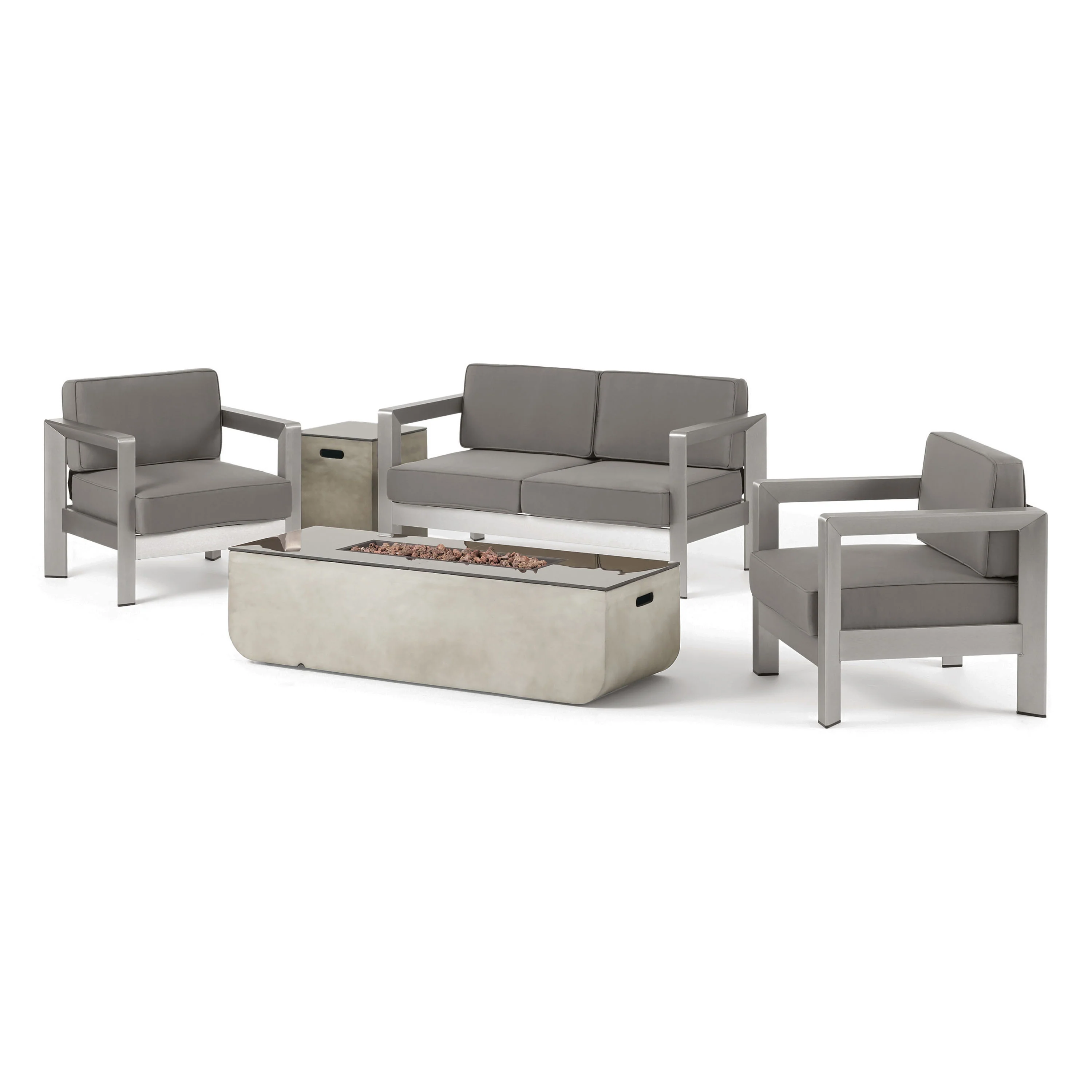 Gianelle Outdoor Modern 4 Seater Aluminum Chat Set with Fire Pit and Tank Holder - furnishings