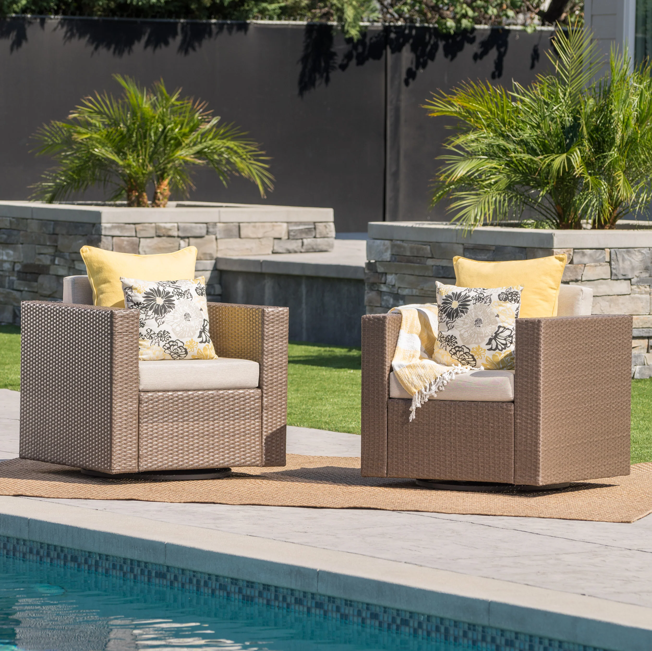 Venice Outdoor Wicker Swivel Club Chairs with Cushions, Set of 2 - furnishings