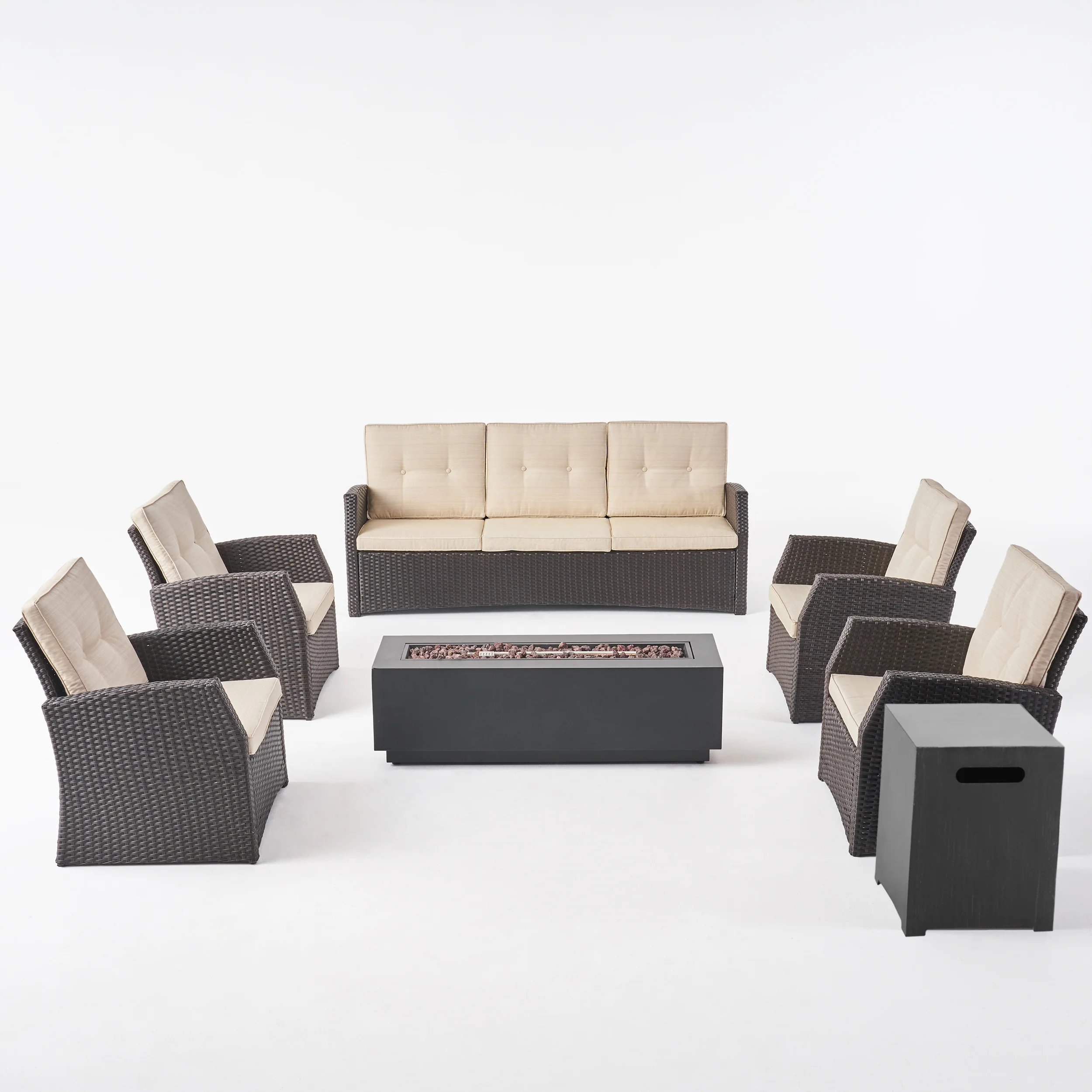 Roswell Outdoor 7 Seater Wicker Chat Set with An Iron Fire Pit - furnishings