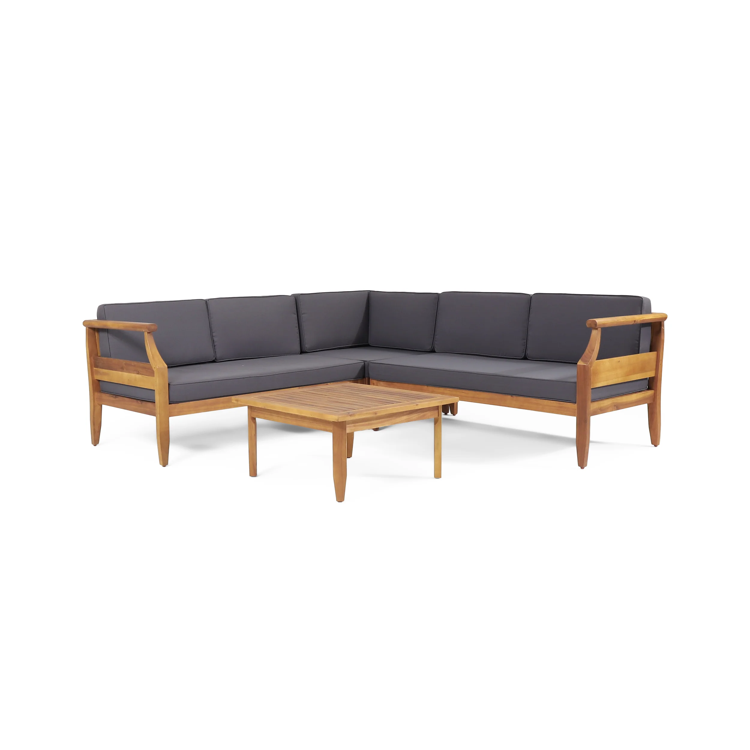 Bianca Outdoor Mid-Century Modern Acacia Wood 5 Seater Sectional Chat Set with Cushions, Teak and Dark Gray - furnishings