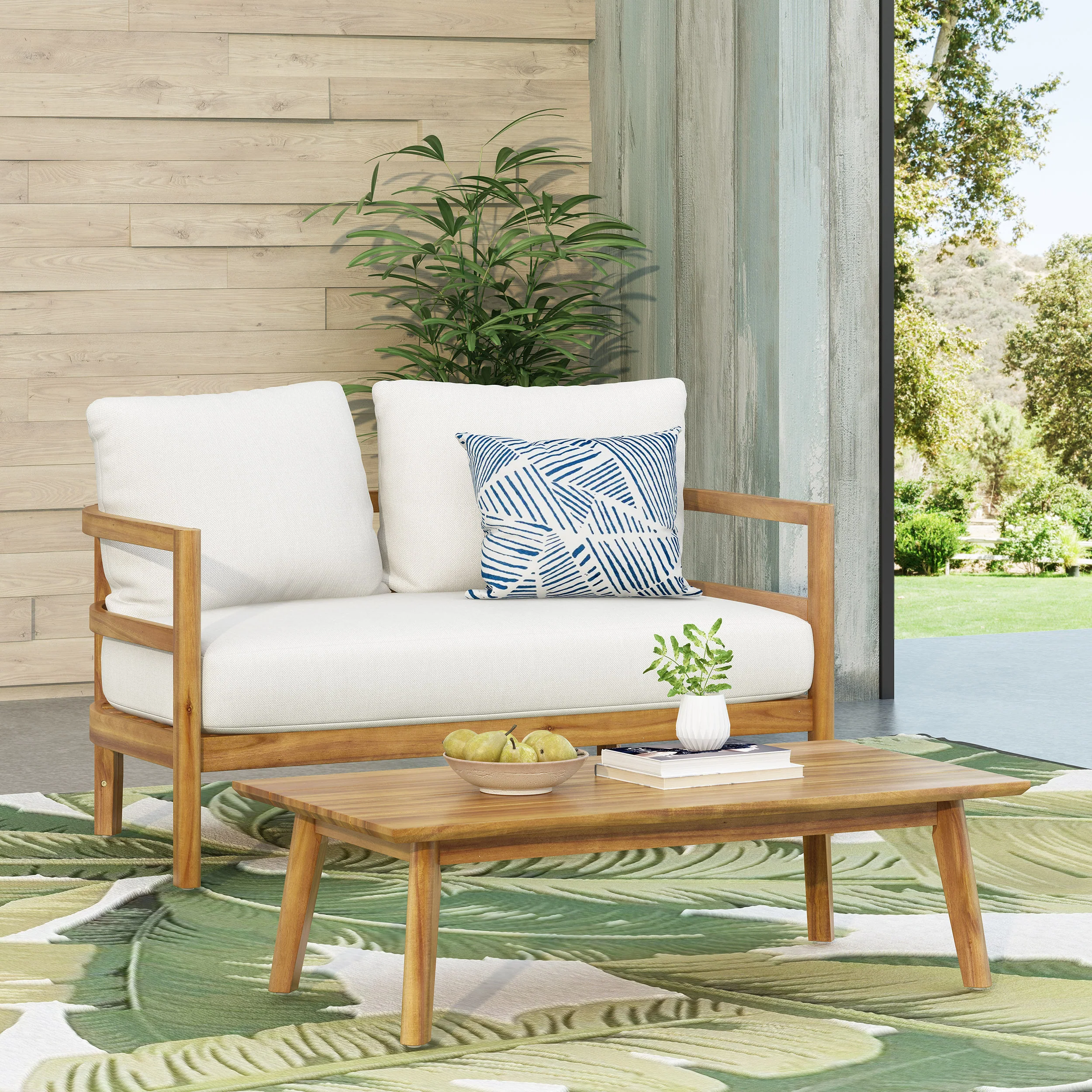 Aggie Outdoor Acacia Wood Loveseat and Coffee Table Set, Teak and White - furnishings