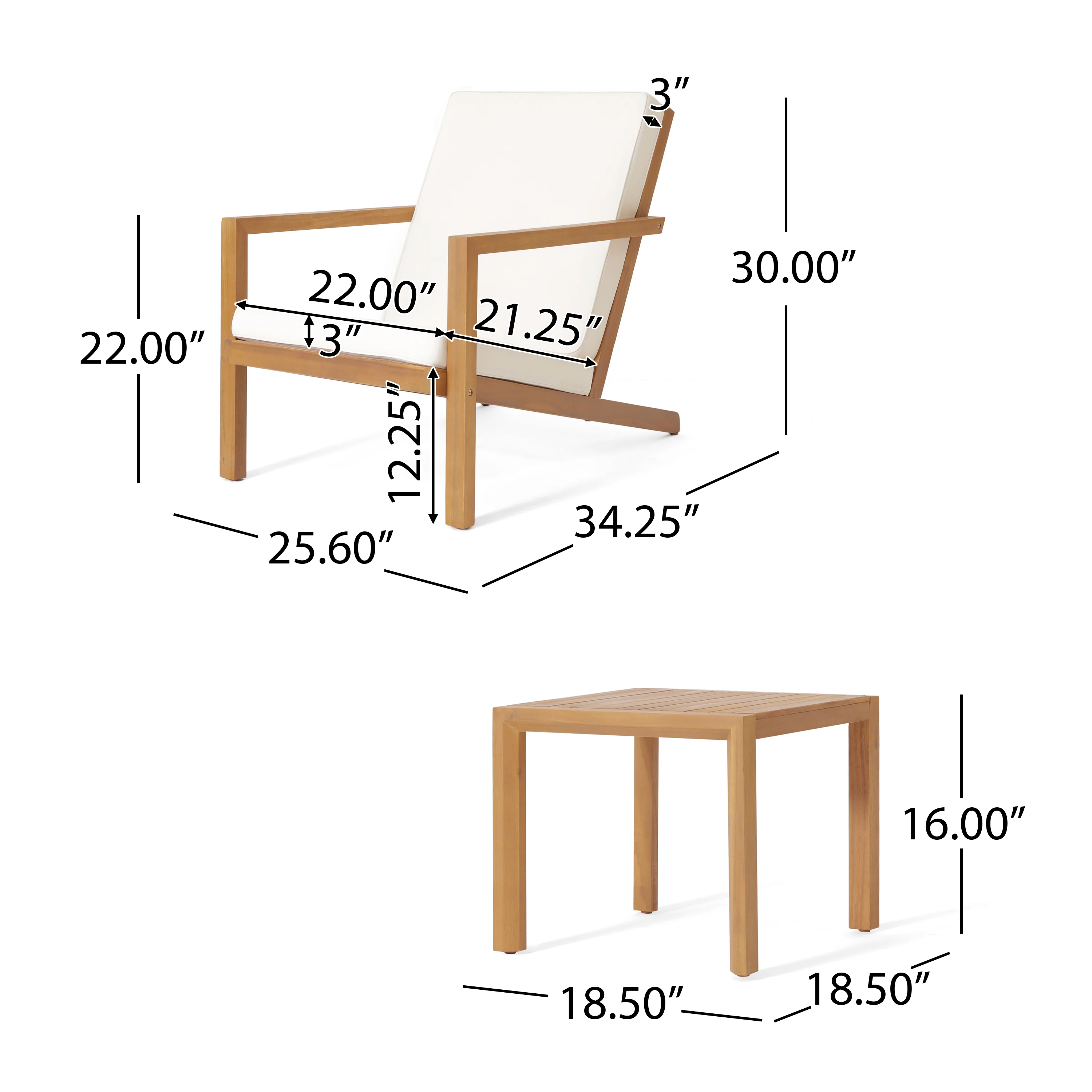 Ludwig Outdoor Acacia Wood 3 Piece Chat Set with Cushions - furnishings