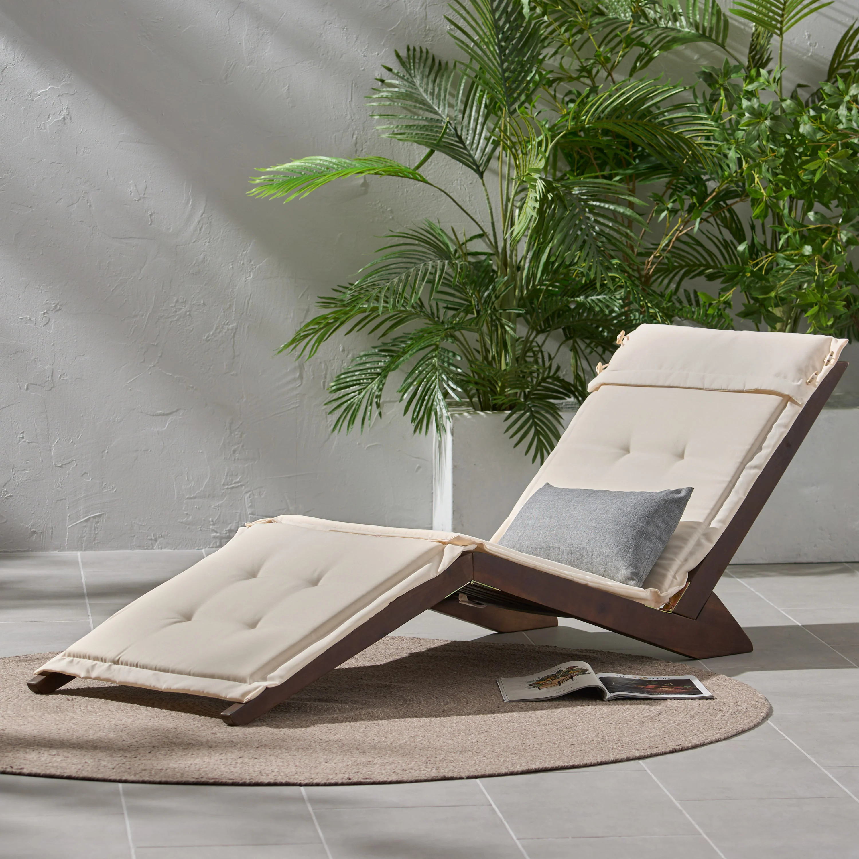 Midori Mahogany Wood Folding Chaise Lounger Chair w/ Cream Cushion - furnishings