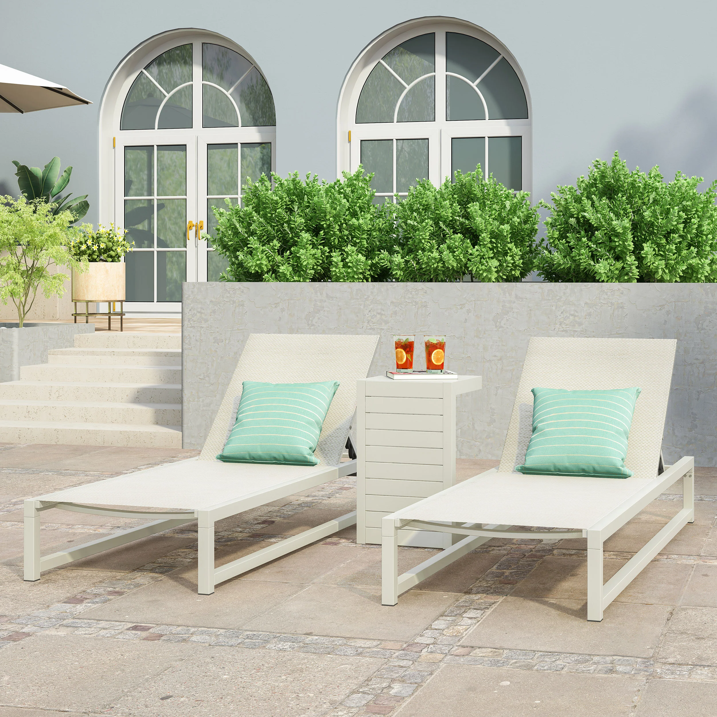 Moderna Outdoor Aluminum Chaise Lounge Set with C-Shaped End Table - furnishings