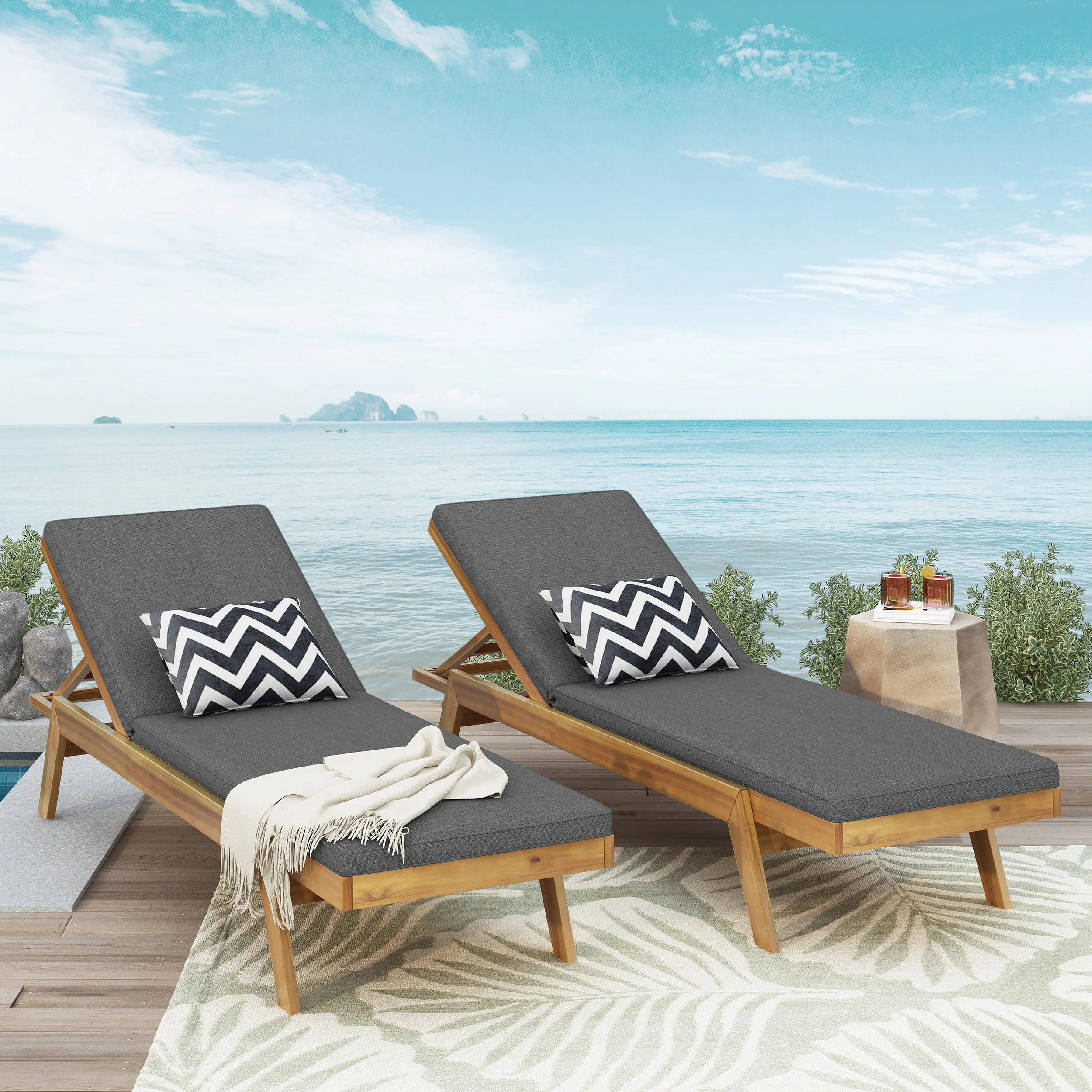 Larimore Outdoor Acacia Wood Chaise Lounge with Water Resistant Cushions, Set of 2 - furnishings