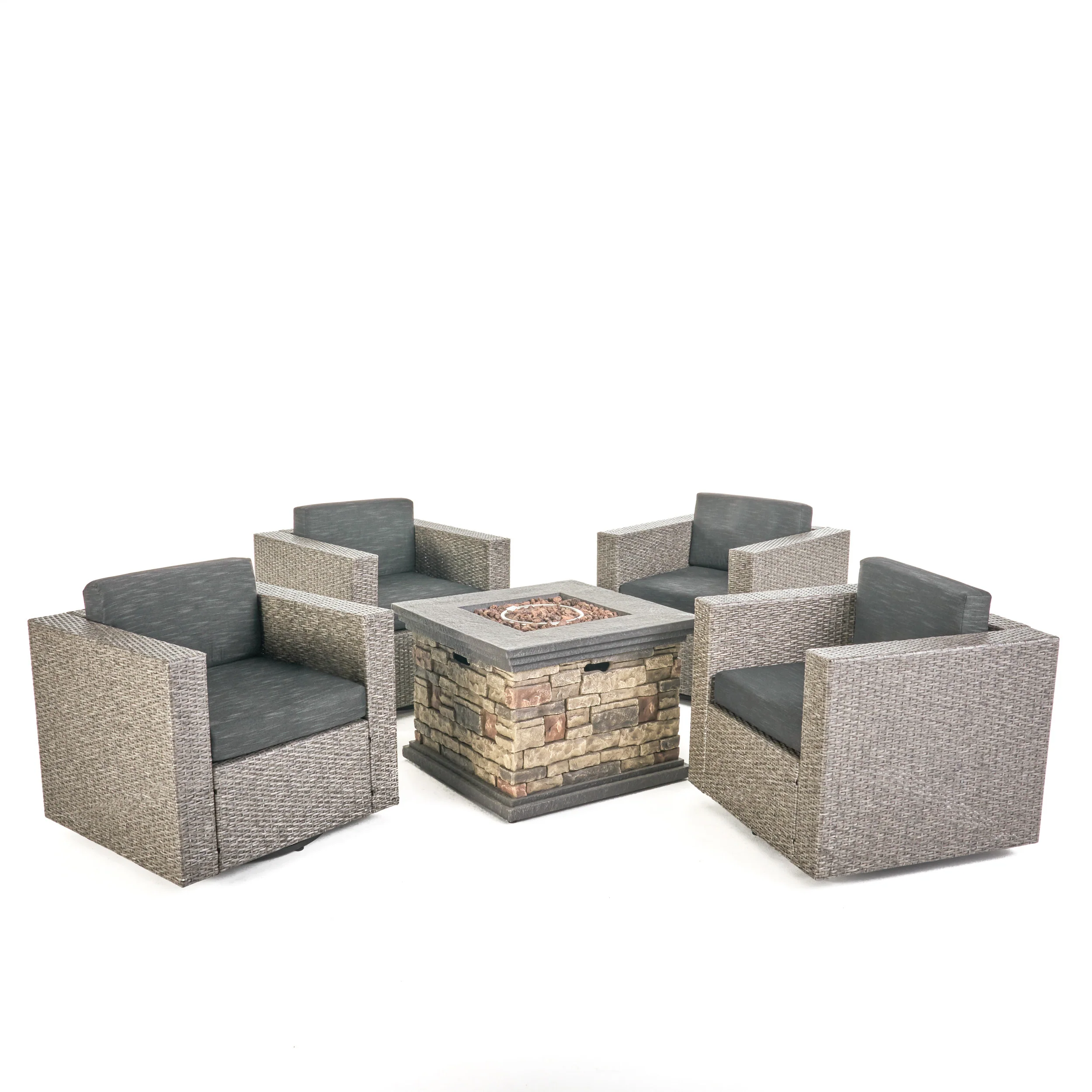 Venice Outdoor 5 Piece Chat Set with Mixed Black Wicker Chairs and Fire Pit - furnishings