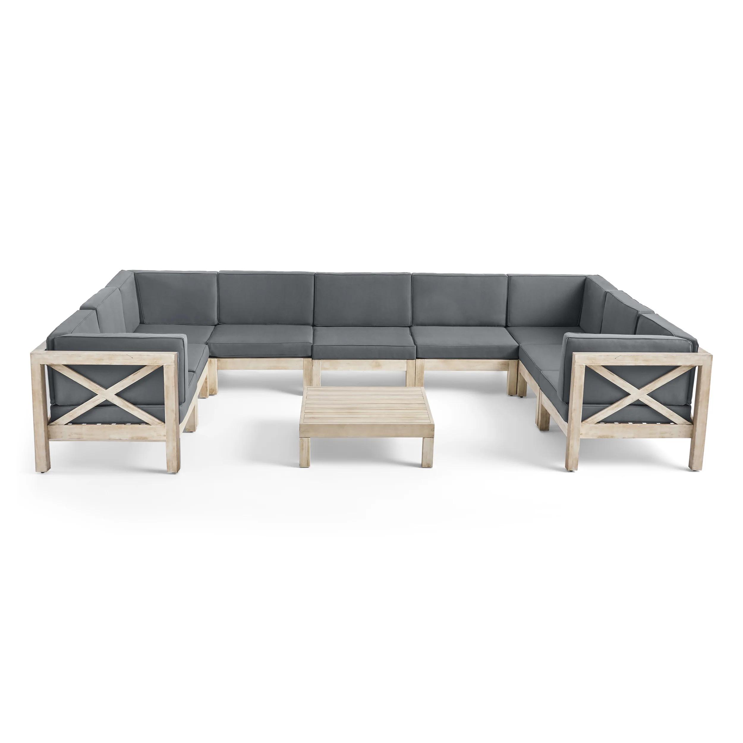Olivia Outdoor 9 Seater Acacia Wood Sectional Sofa Set, Weathered Finish and Dark Gray - furnishings