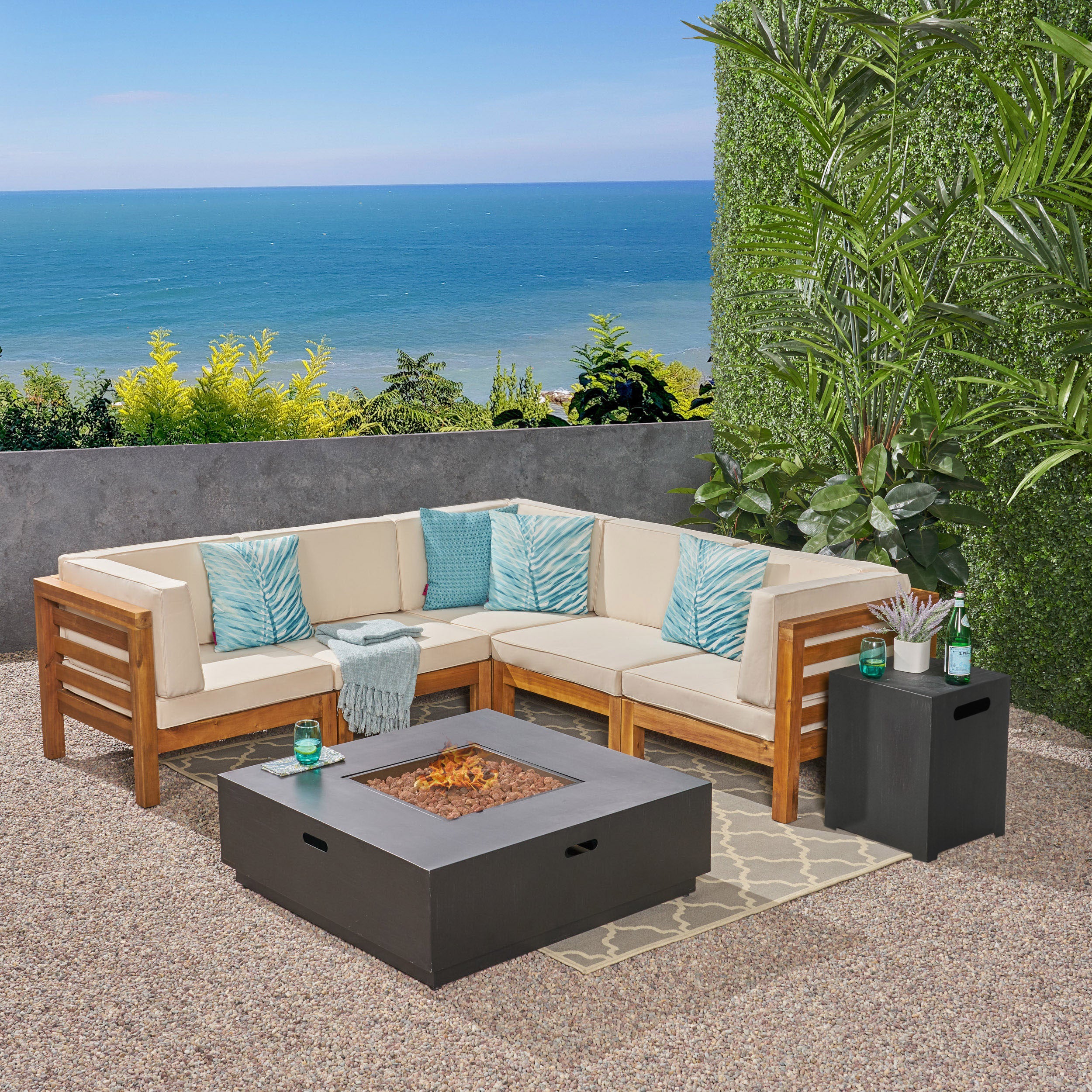 Krystin Outdoor 7 Piece V-Shaped Acacia Wood Sectional Sofa Set with Fire Pit and Outdoor Cushions - furnishings