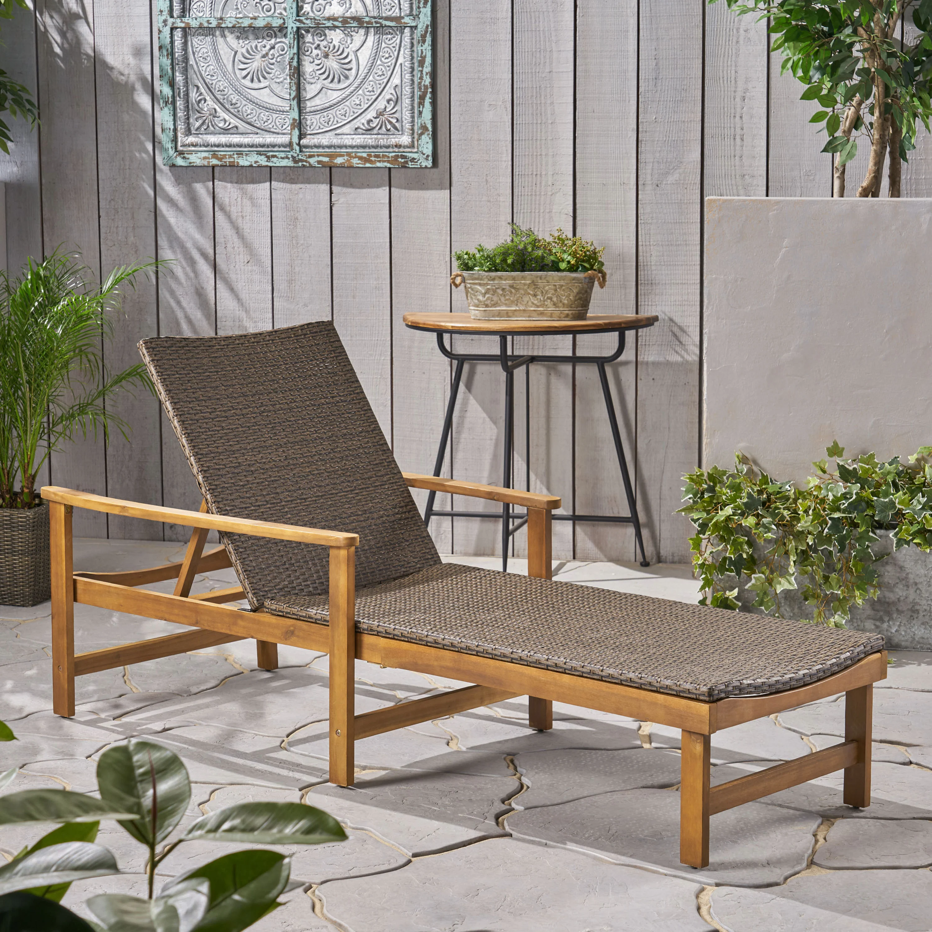 Kyle Outdoor Rustic Acacia Wood Chaise Lounge with Wicker Seating - furnishings