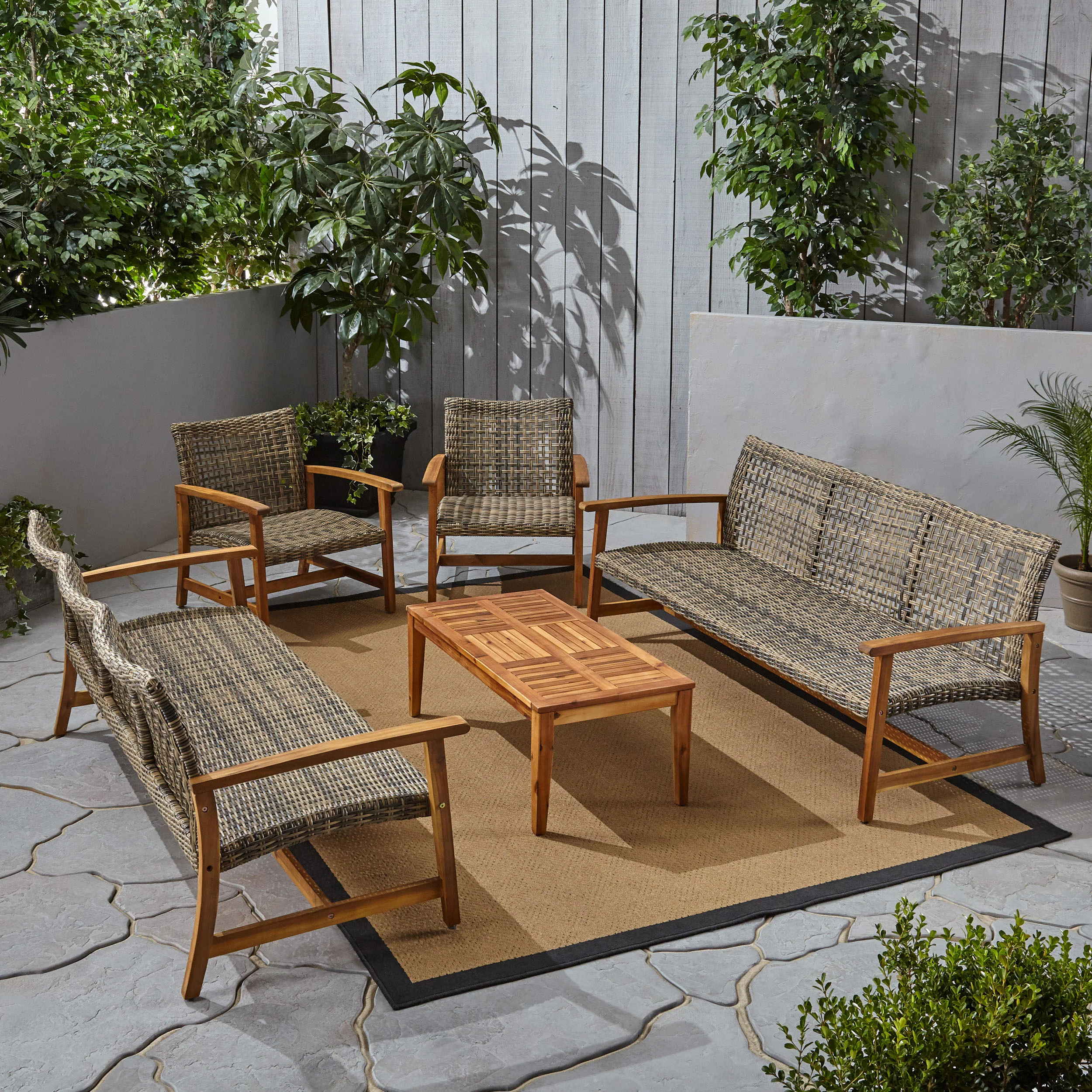 Alyssa Outdoor 5 Piece Wood and Wicker Sofa Chat Set - furnishings