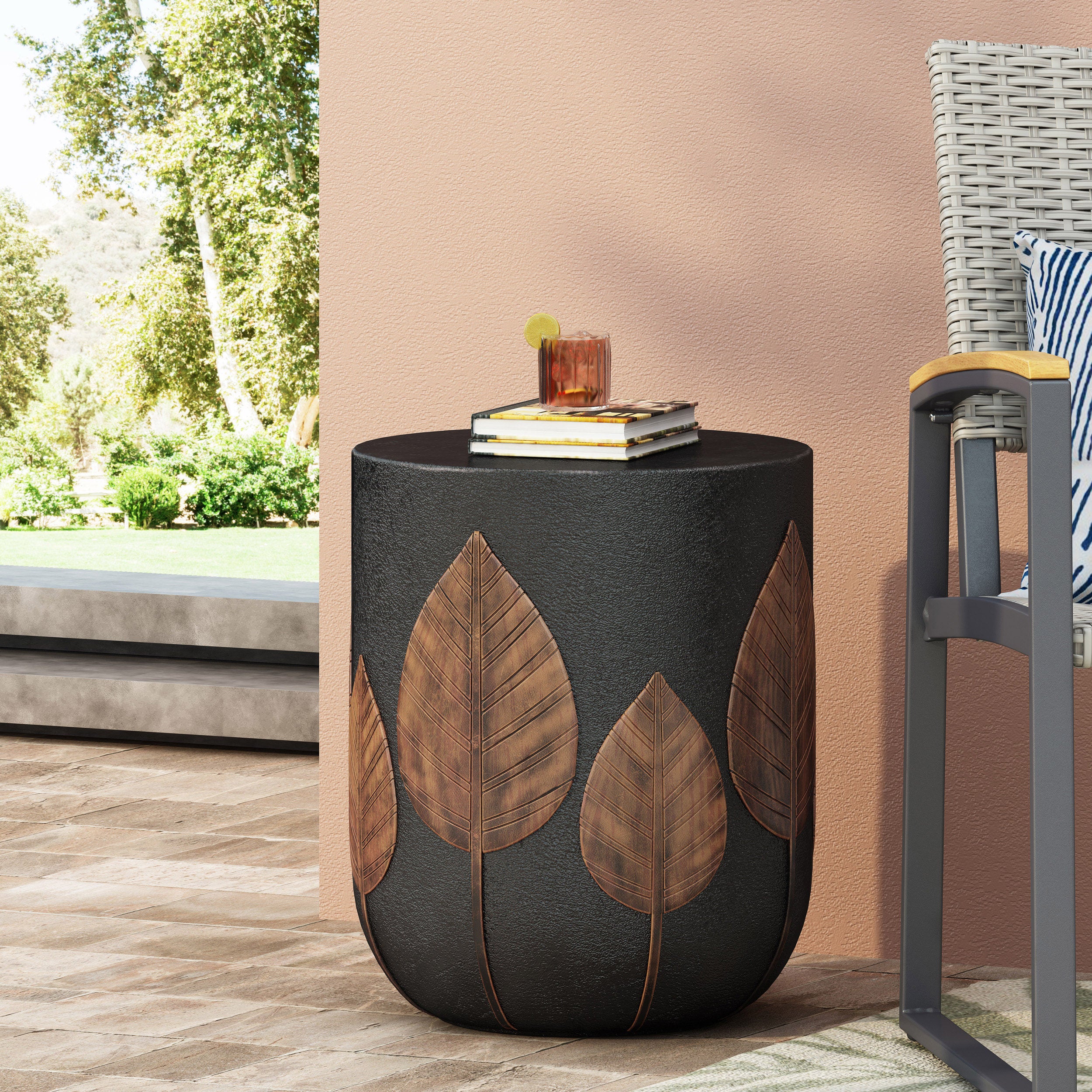 Travis Outdoor Lightweight Concrete Side Table, Black and Antique Copper - furnishings