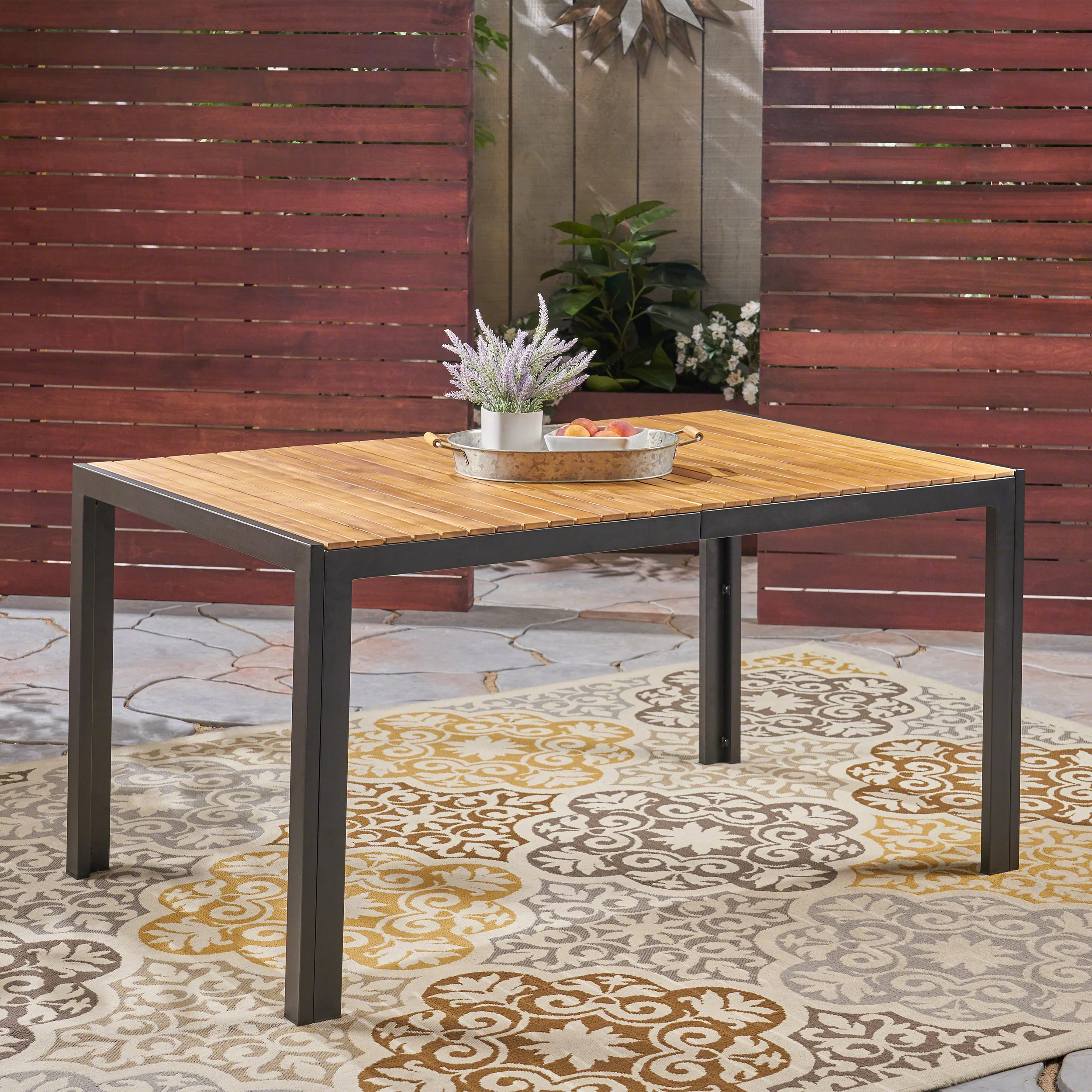 Tamia Outdoor 59-inch Acacia Wood and Iron Dining Table, Black and Teak Finish - furnishings
