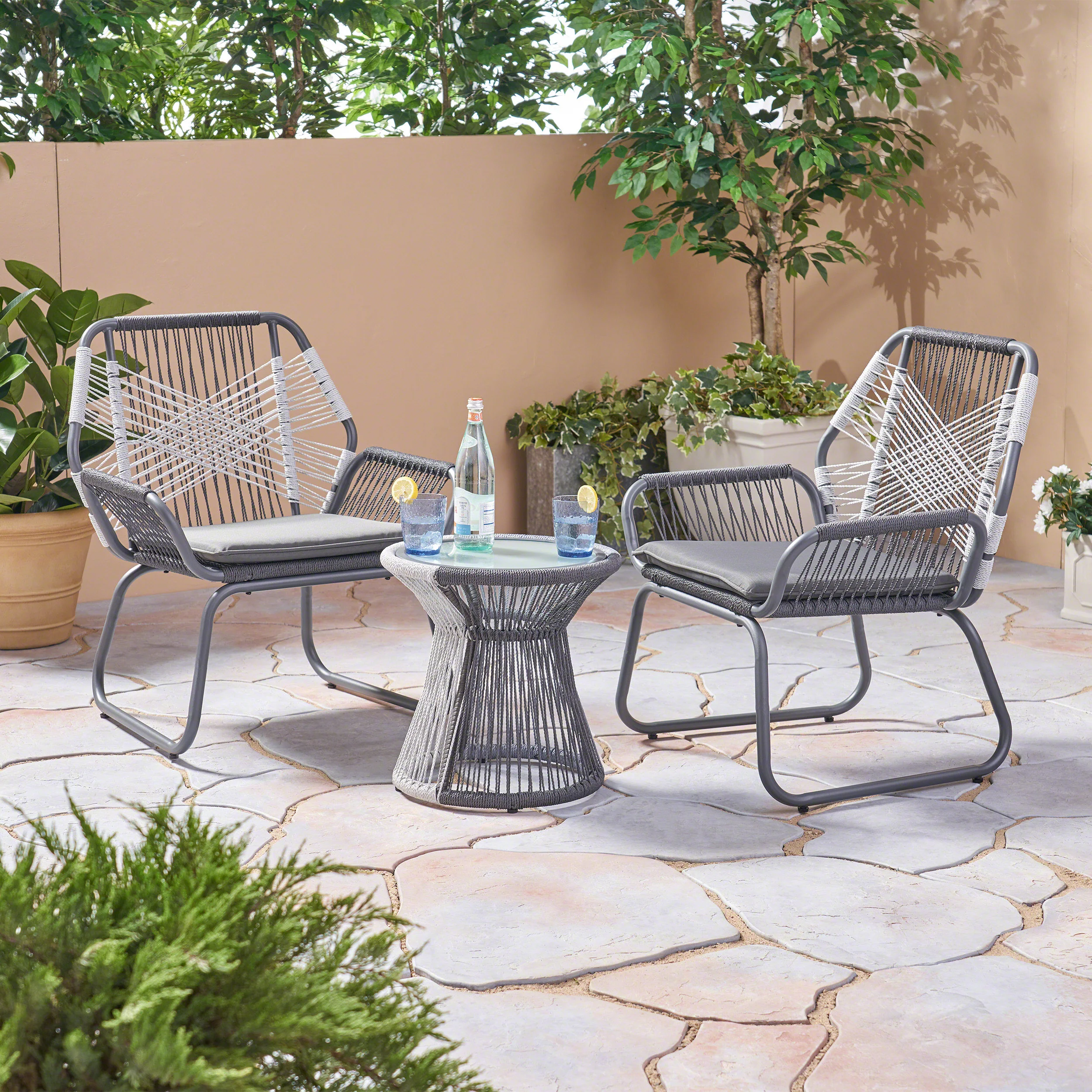 Connie Outdoor 3 Piece Rope and Steel Chat Set, Gray Finish and White - furnishings