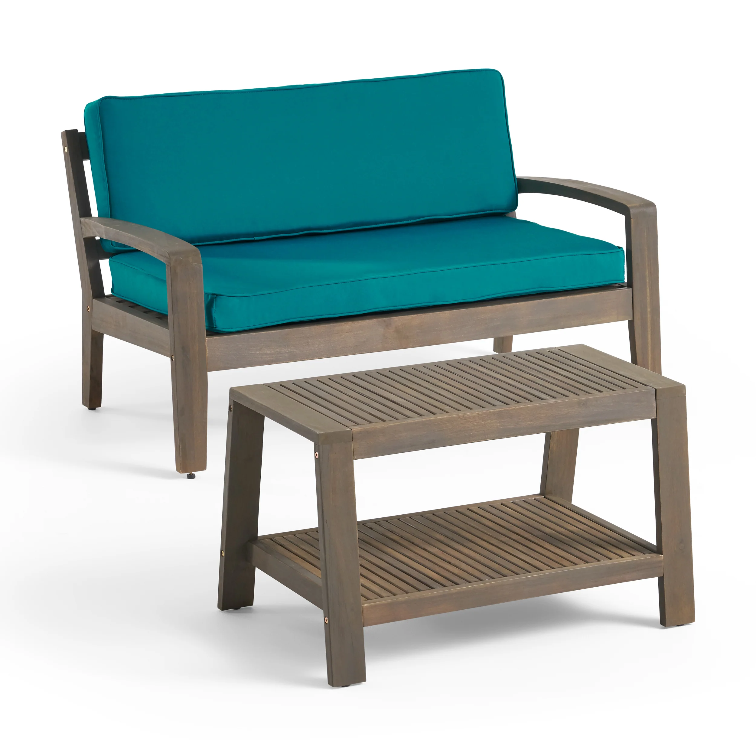 Parma Outdoor Acacia Wood Loveseat and Coffee Table Set with Sunbrella Cushions - furnishings