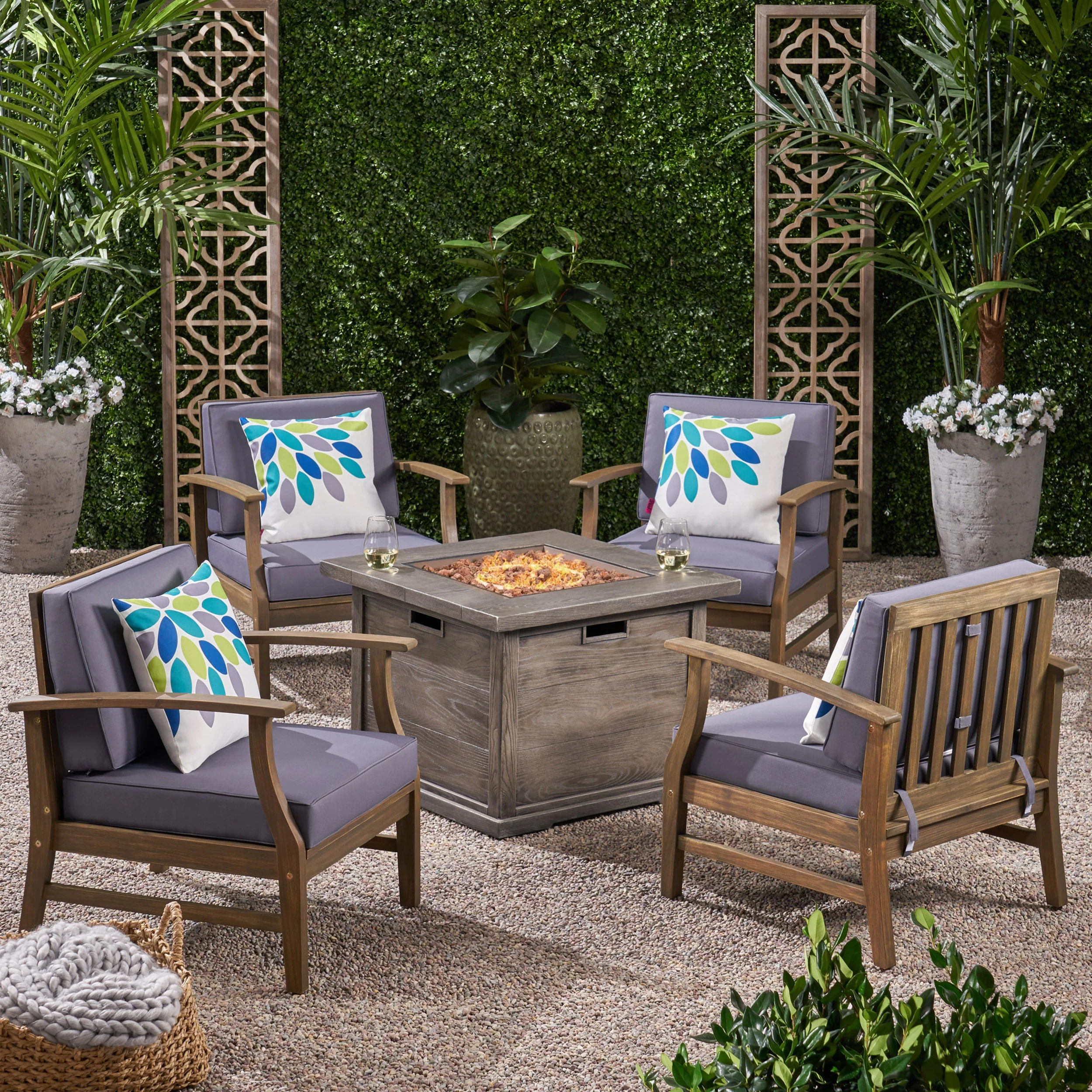 Lilith Outdoor 5 Piece Acacia Wood Club Chair and Fire Pit Set, Gray Finish and Gray - furnishings