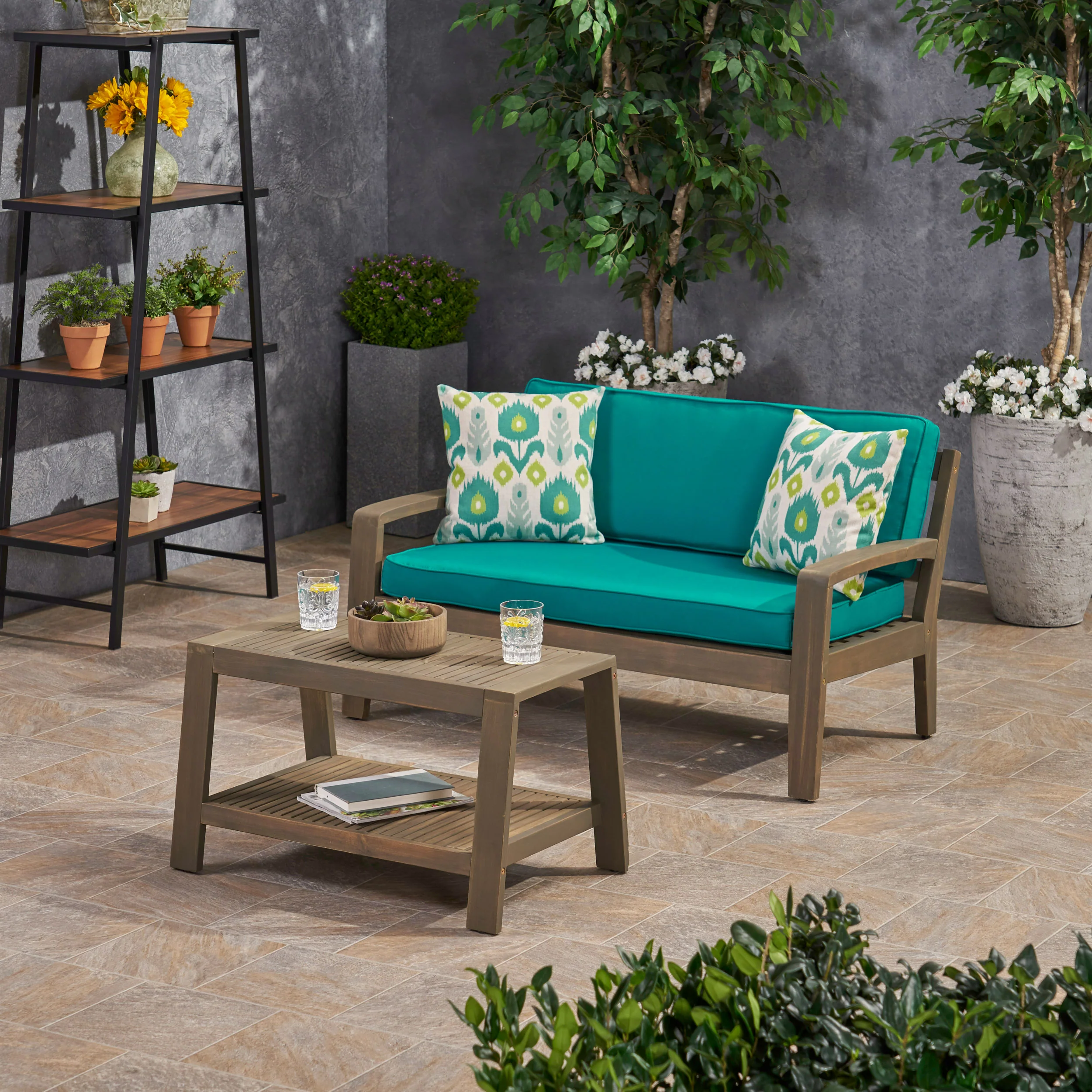 Parma Outdoor Acacia Wood Loveseat and Coffee Table Set with Sunbrella Cushions - furnishings