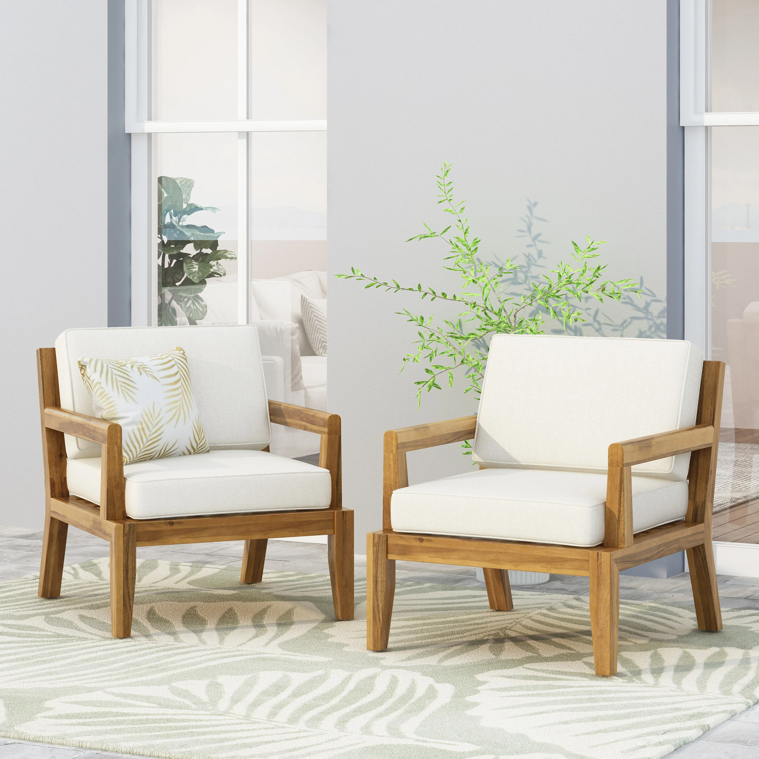 Camak Rossville Outdoor Acacia Wood Club Chairs with Cushions, Set of 2, Teak and Beige - furnishings