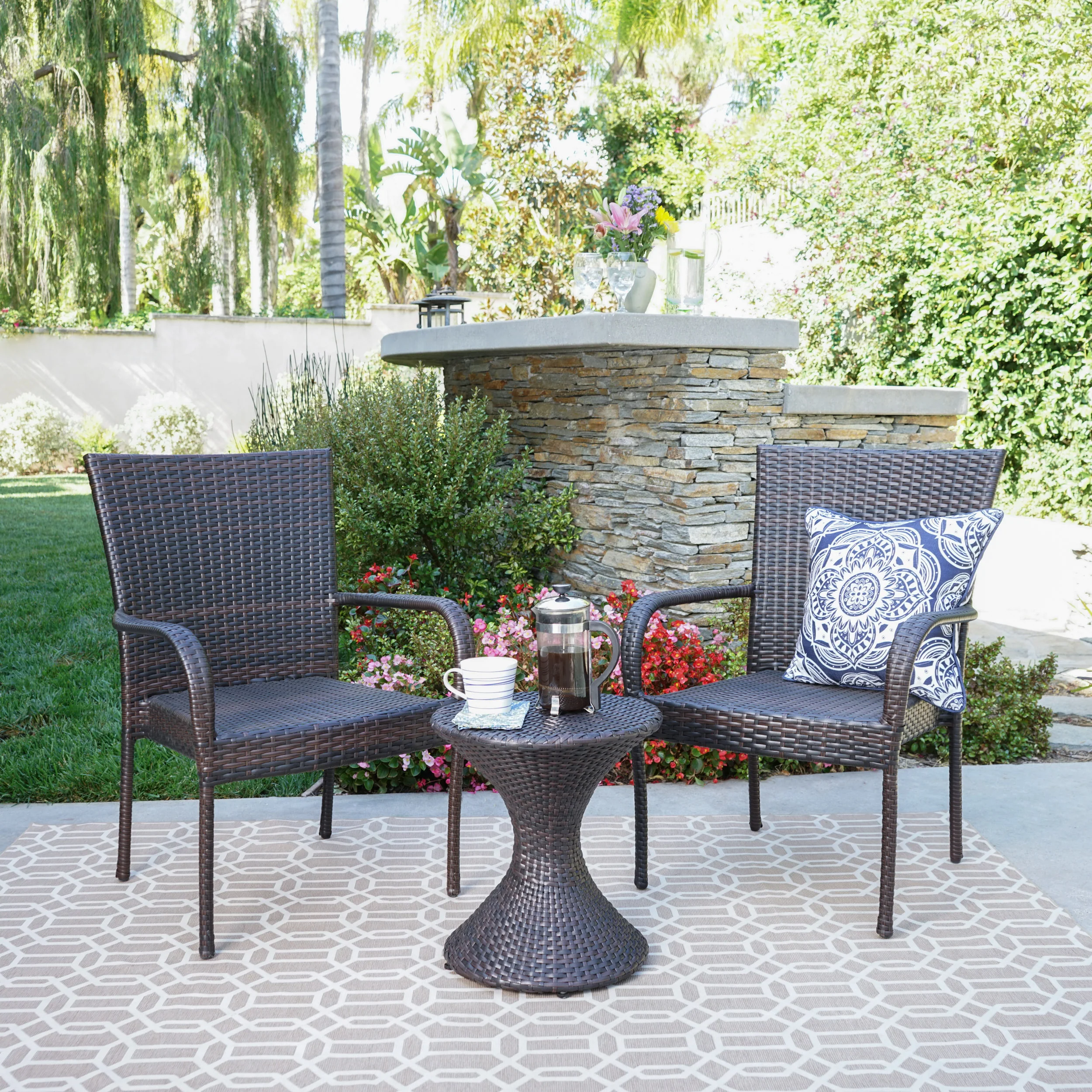 Newton Outdoor 3 Piece Multi-Brown Wicker Chat Set with Stacking Chairs - furnishings