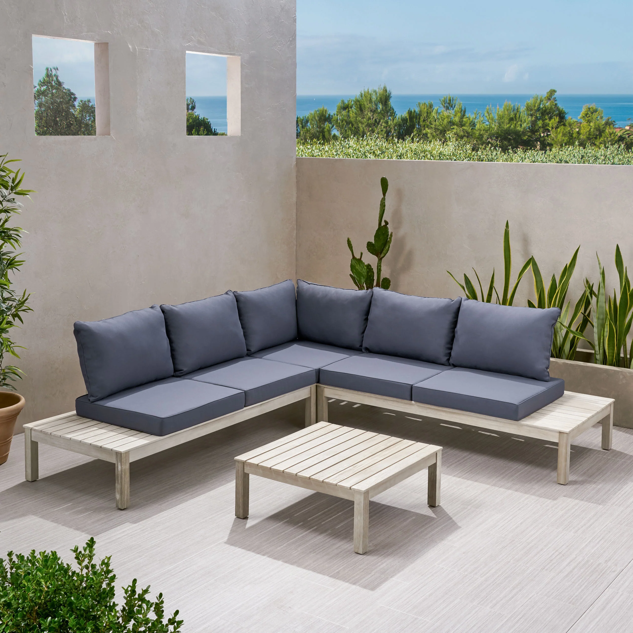Vashti Outdoor 5 Seater V Shaped Acacia Wood Sectional Sofa Set with Cushions - furnishings