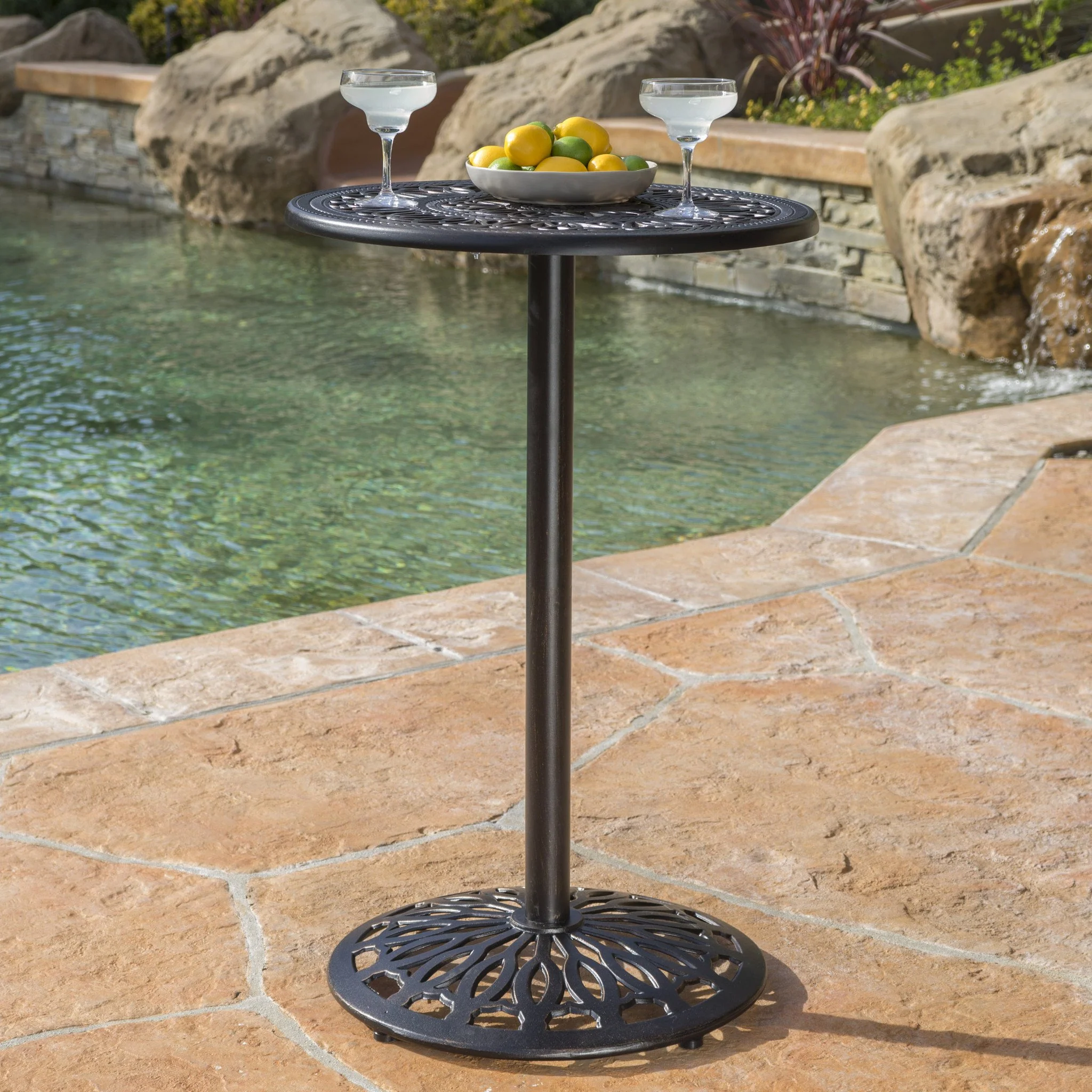 Edmonson Outdoor Traditional Ornate Shiny Copper Metal Bar Table - furnishings