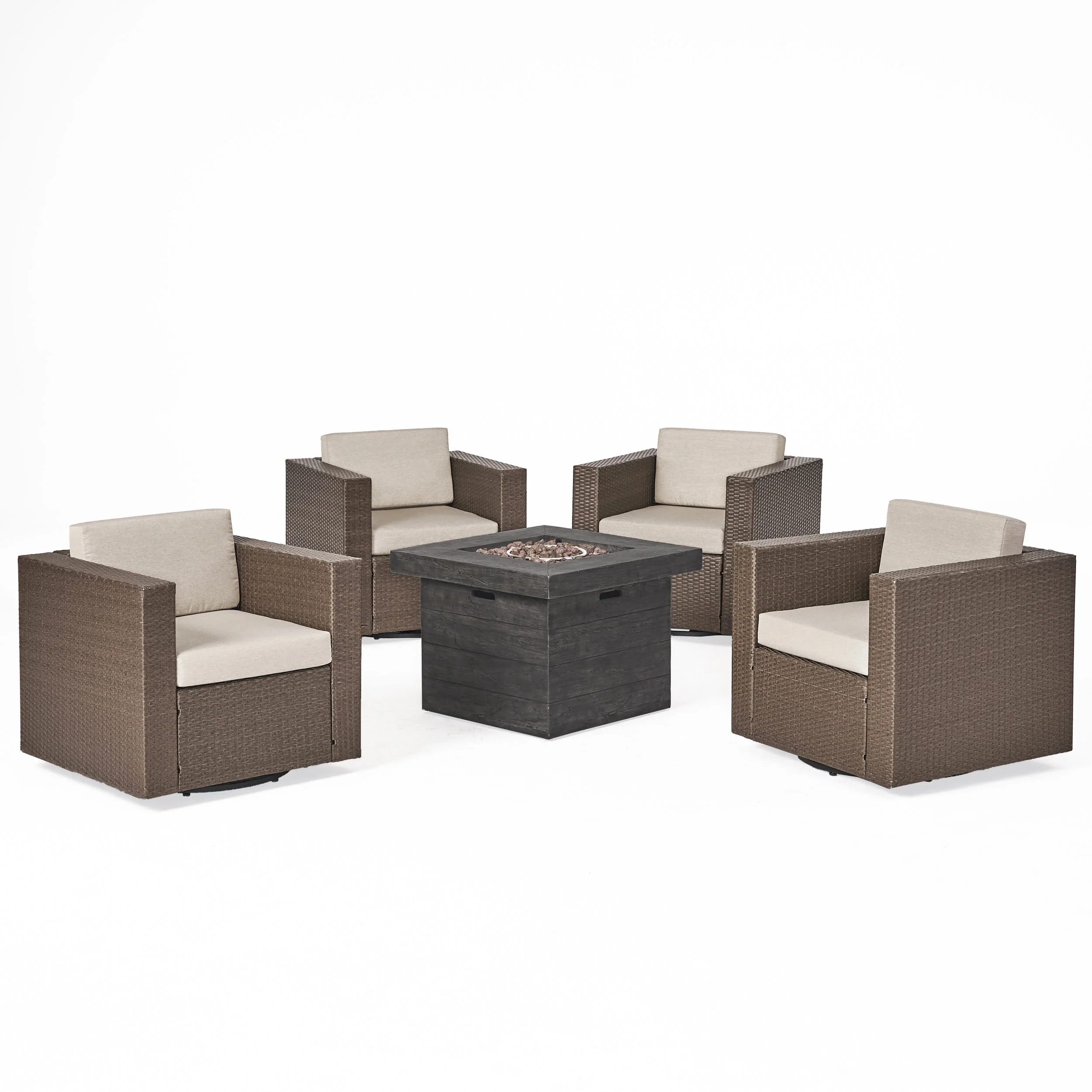 Venice Outdoor 5 Piece Chat Set with Brown Wicker Club Chairs and Fire Pit - furnishings