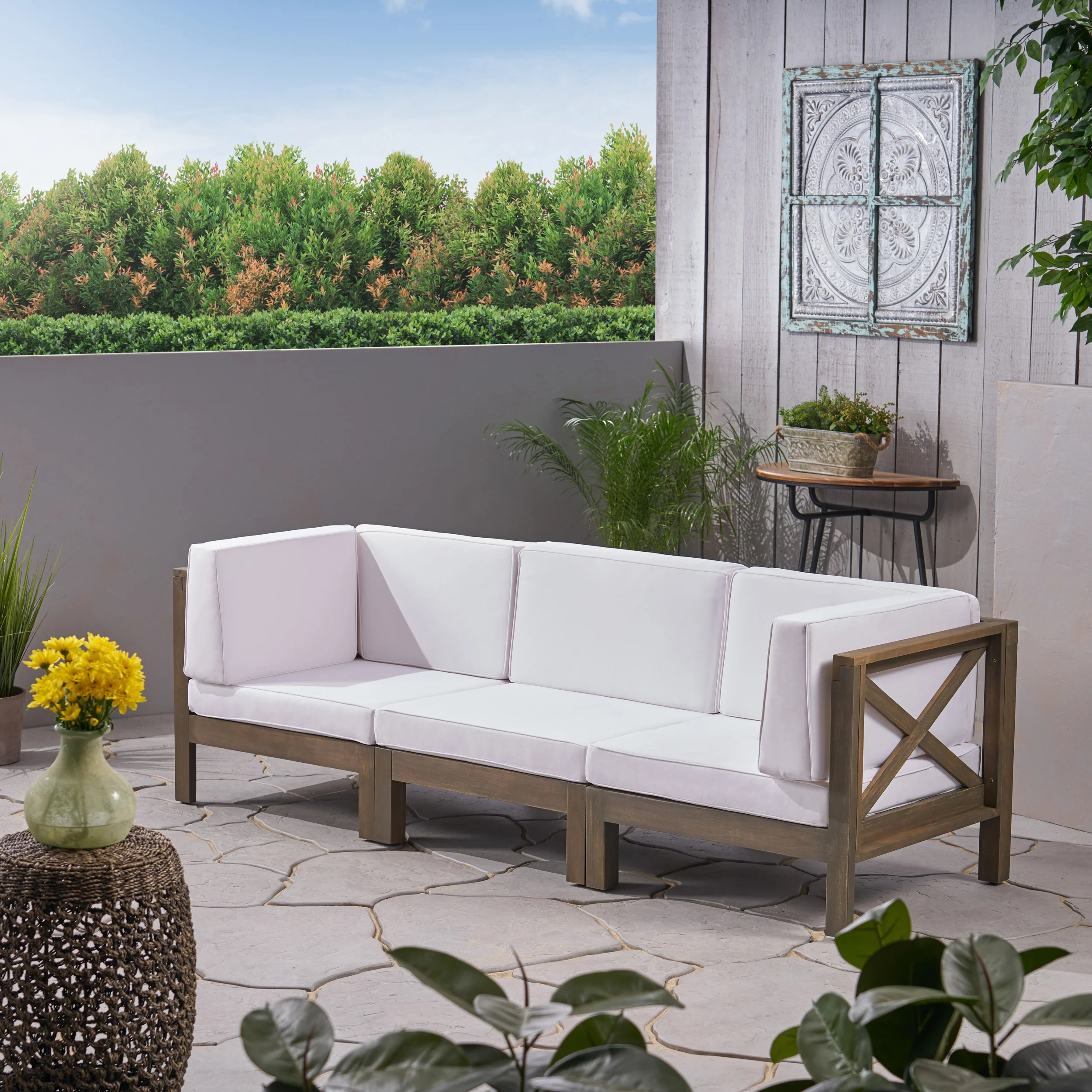 Keith Outdoor Sectional Sofa Set  3-Seater  Acacia Wood  Water-Resistant Cushions - furnishings