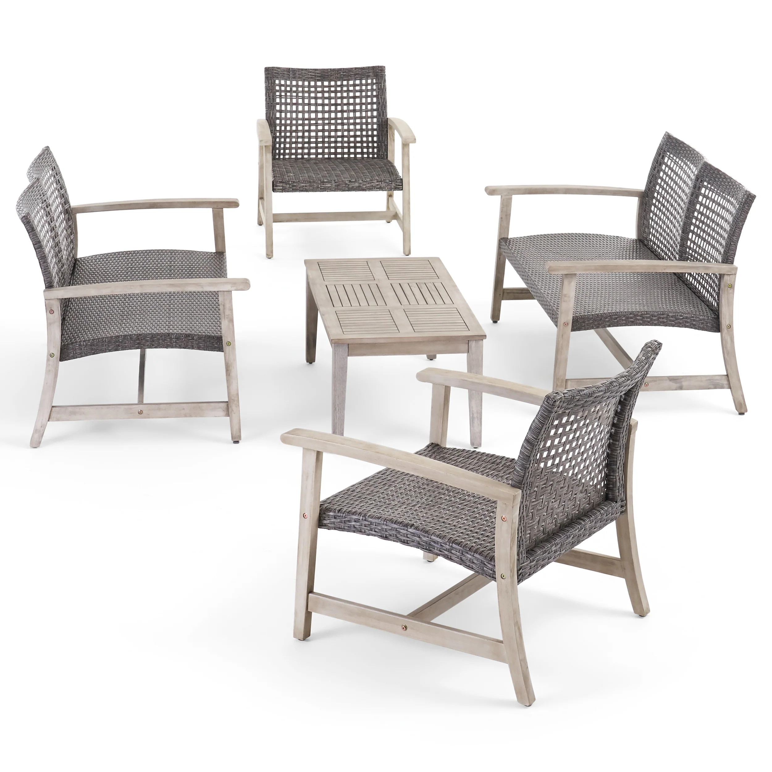 Alyssa Outdoor 5 Piece Wood and Wicker Loveseat Chat Set - furnishings
